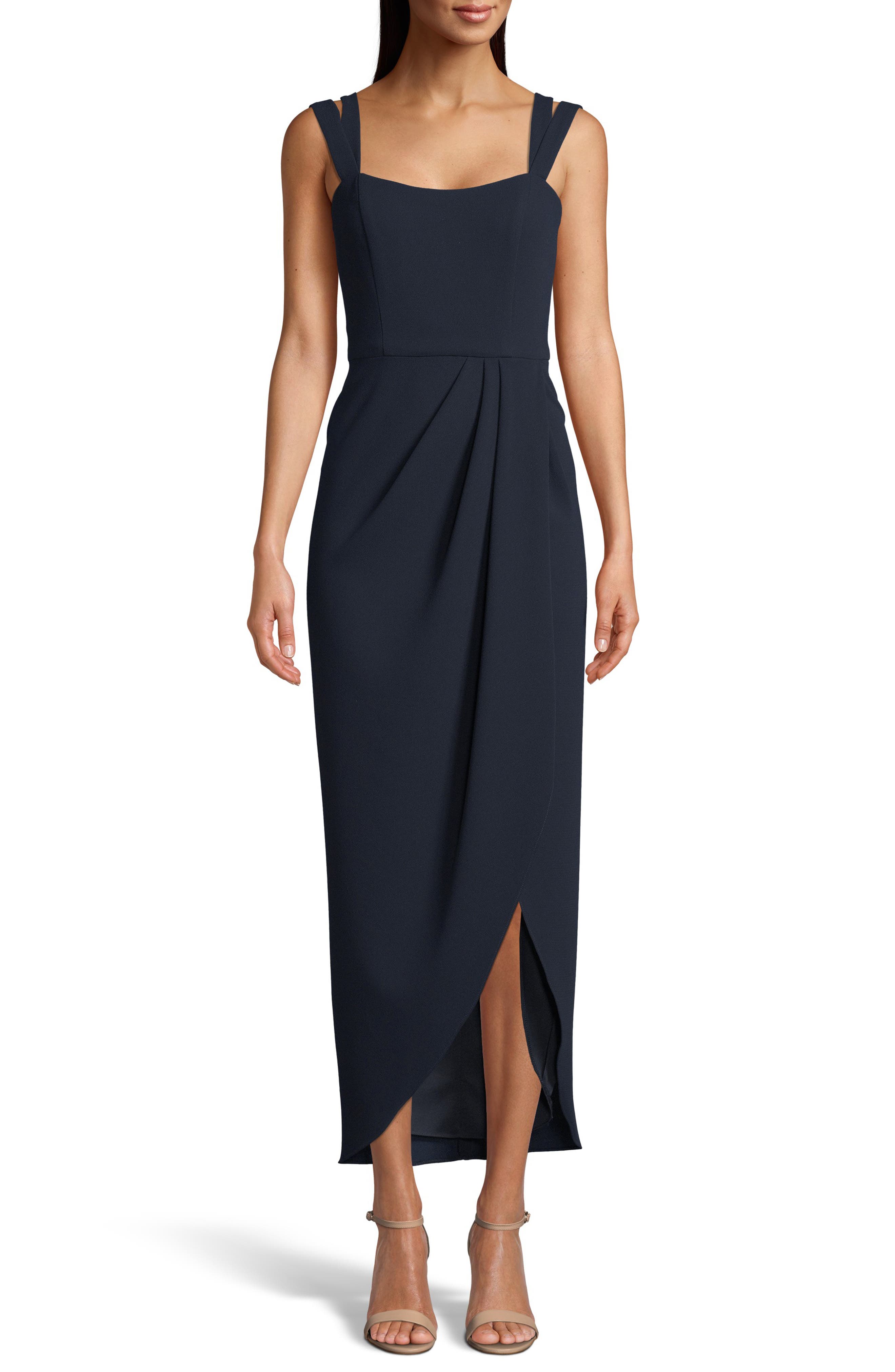 Xscape Side Ruched Double Strap Crepe Gown, Blue