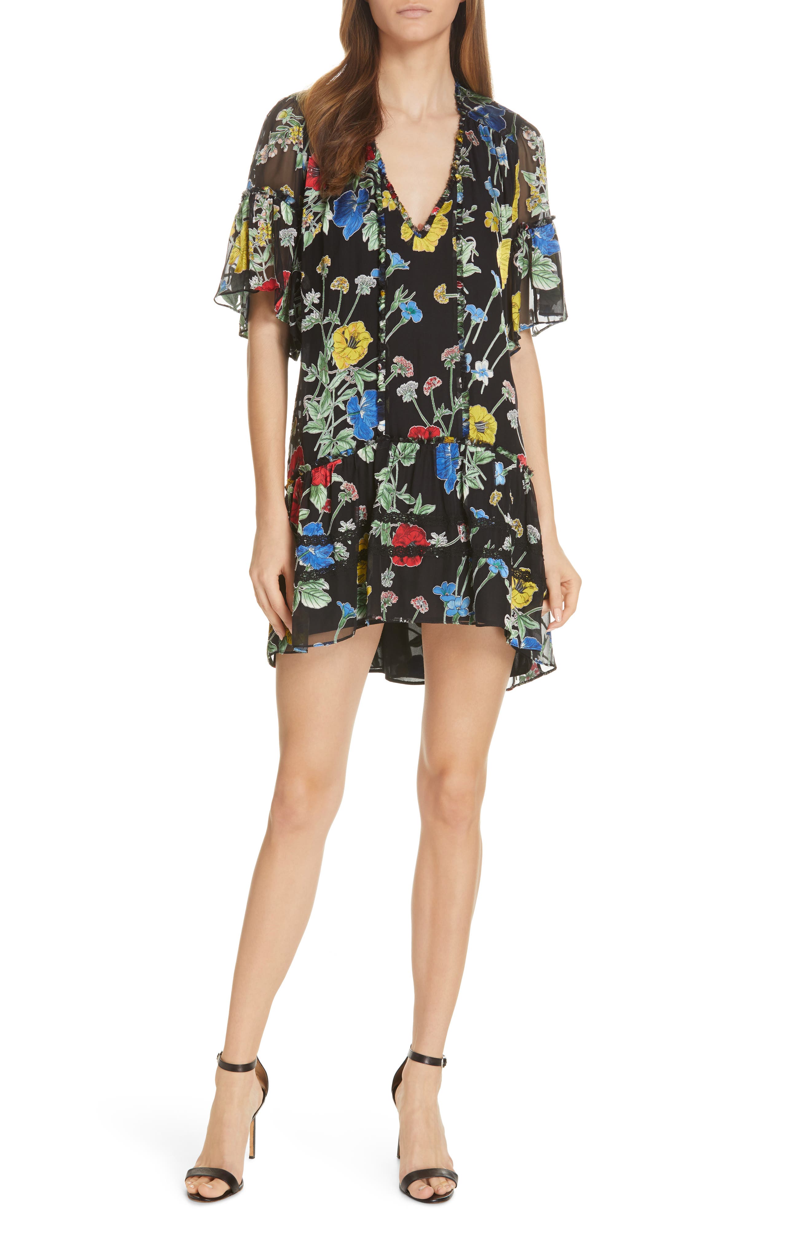Alice + Olivia Pauline Ruffle Silk Blend Tunic Dress, Black