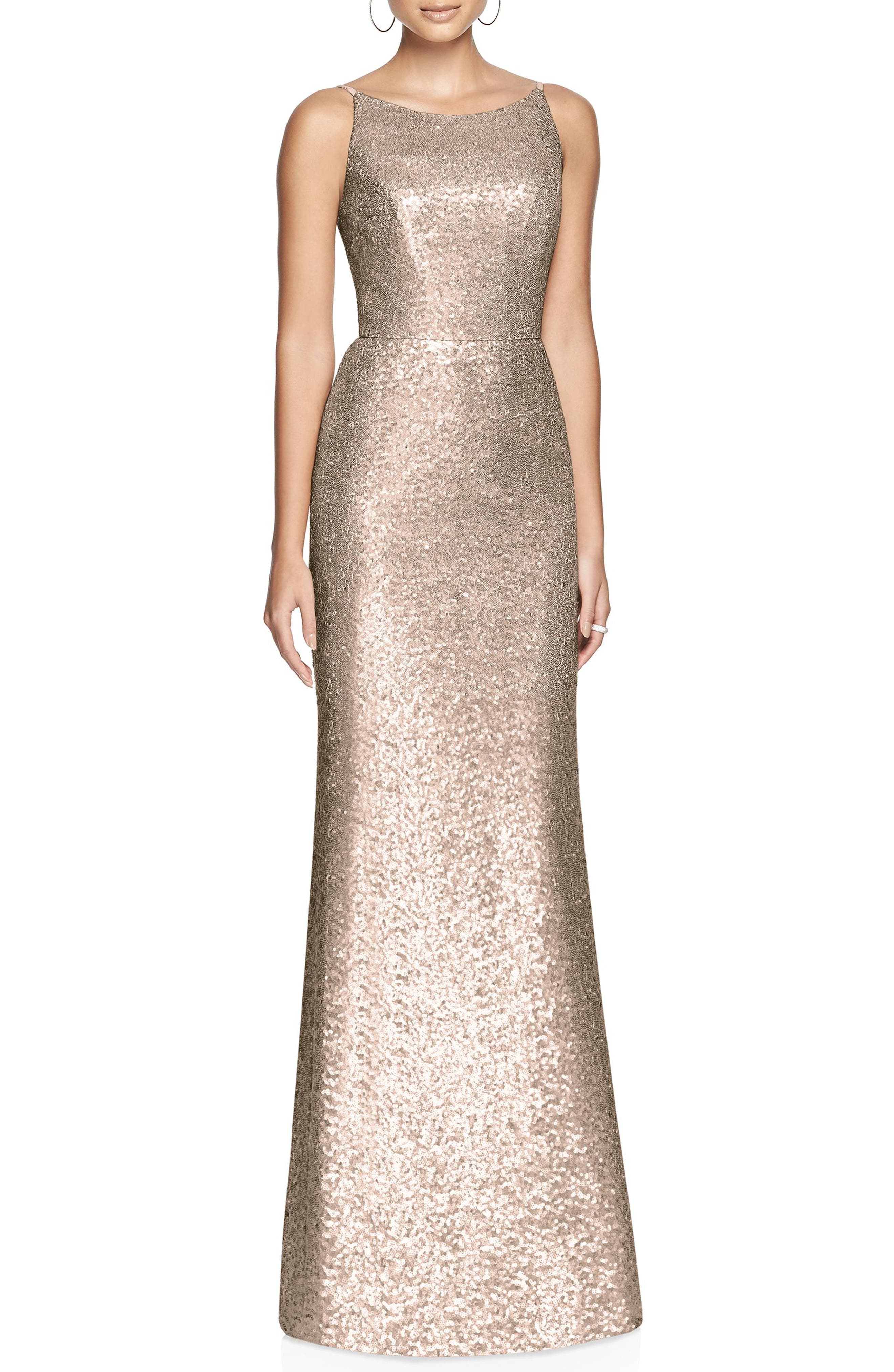 Dessy Collection Bateau Neck Sequin Gown, Metallic