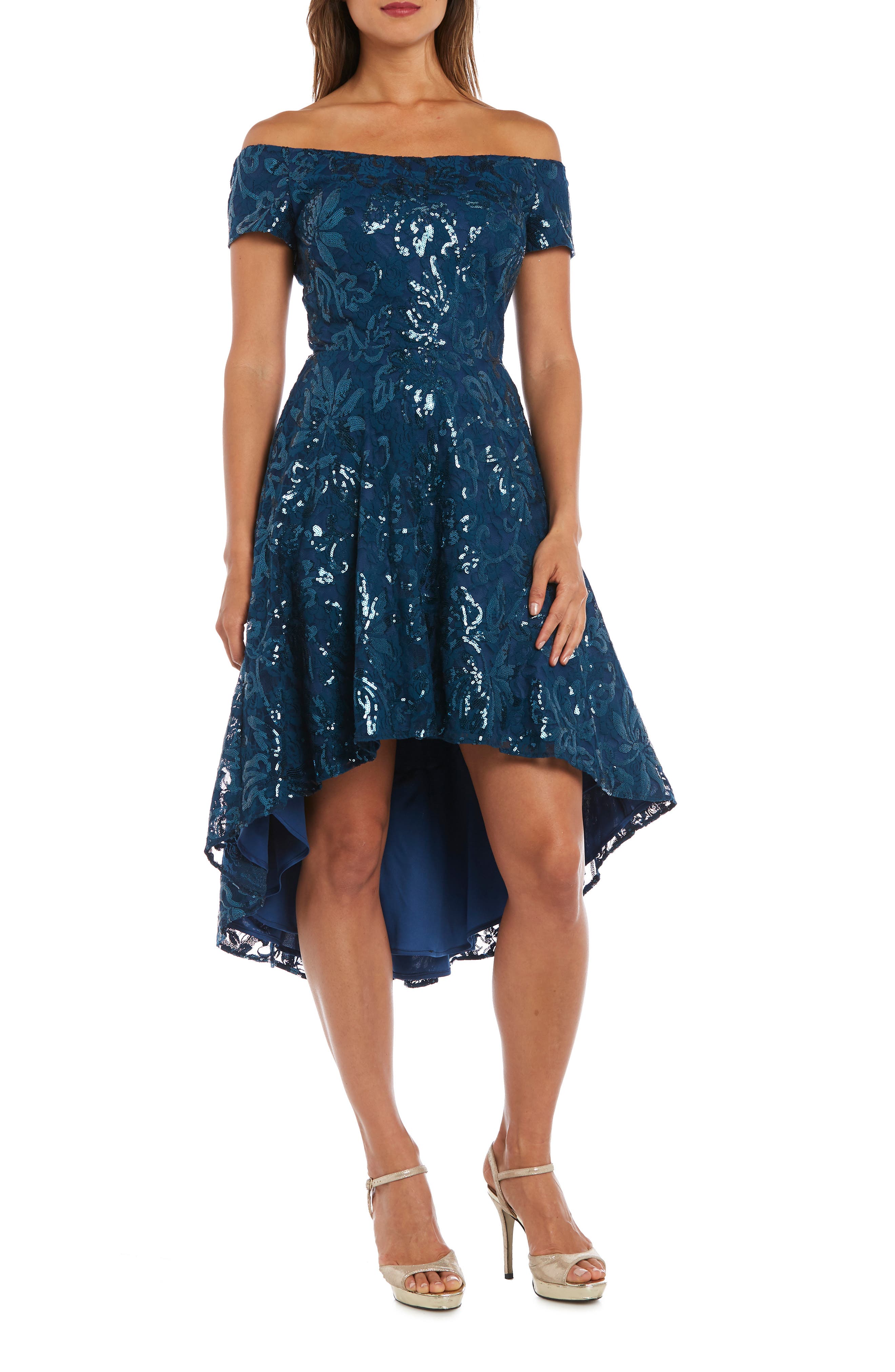 Morgan & Co. Sequin & Lace Off The Shoulder High/low Dress, Blue