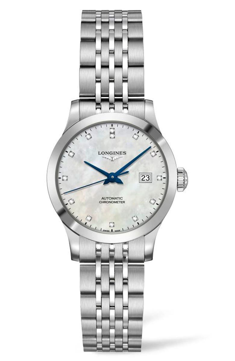 Shop Longines Record Diamond Bracelet Watch, 30mm In Silver/ Mop/ Silver