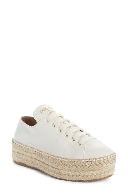 Click to view more detailed imagery on our partner's website Prada Leather Platform Sneaker Espadrilles In White