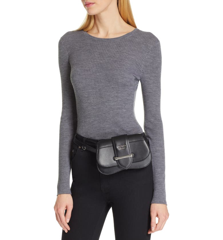 PRADA Convertible Calfskin Leather Belt Bag, Alternate, color, NERO