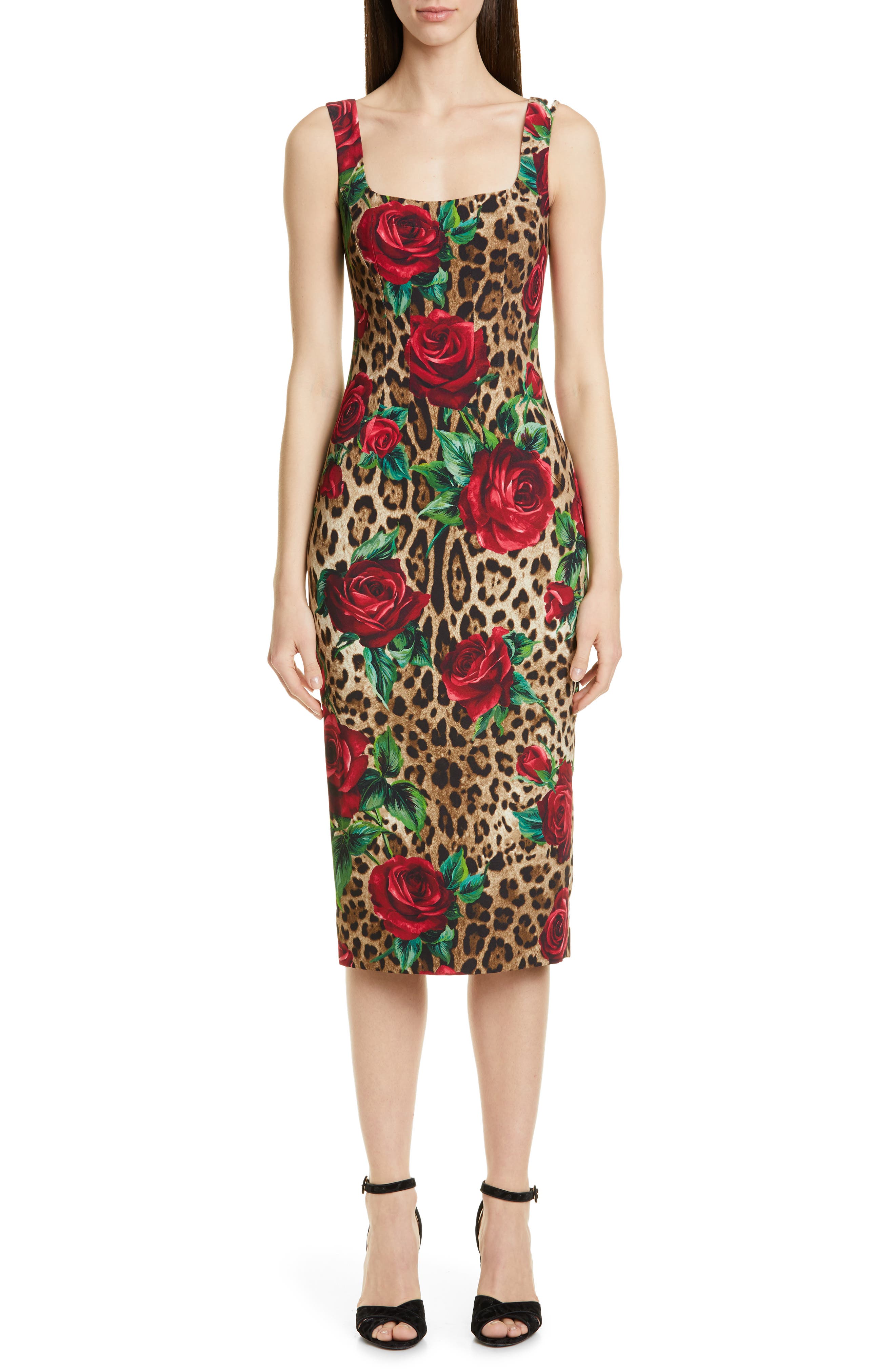 Dolce & gabbana Embellished Rose & Leopard Print Cady Pencil Dress, US / 40 IT - Brown