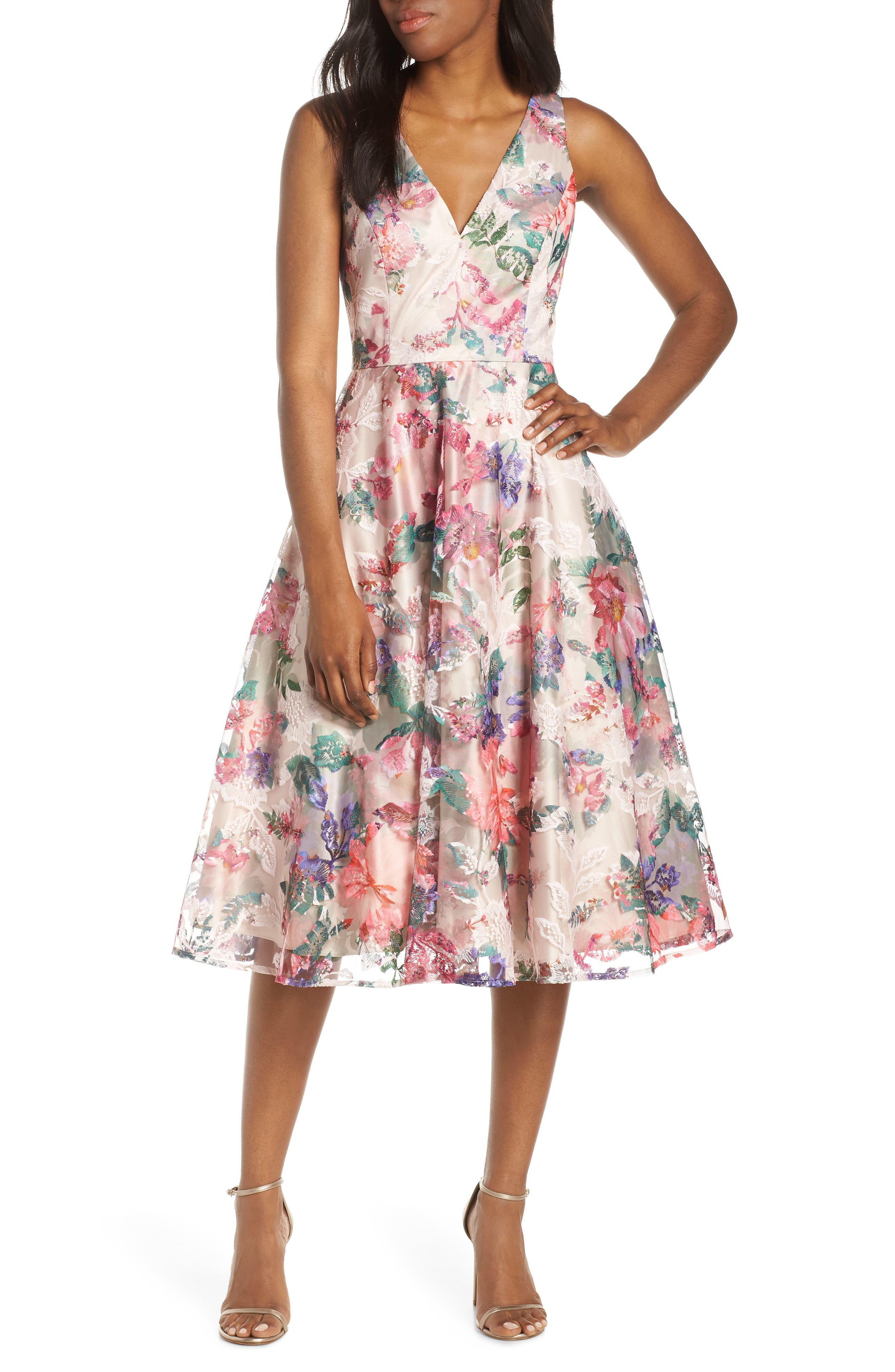 Eliza J Sleeveless Floral Fit & Flare Dress, Beige