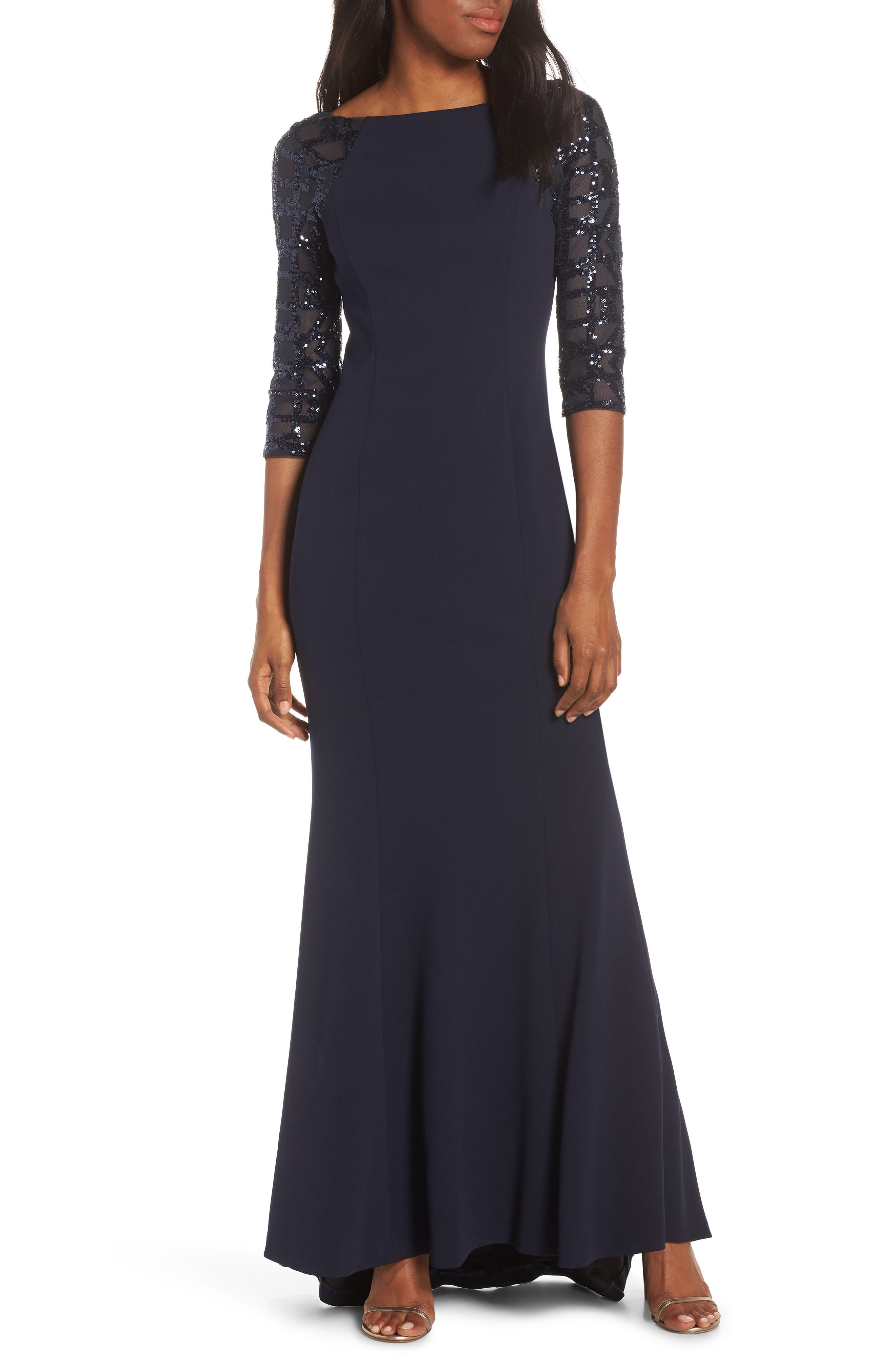 Petite Vince Camuto Sequin Crepe Trumpet Gown, Blue
