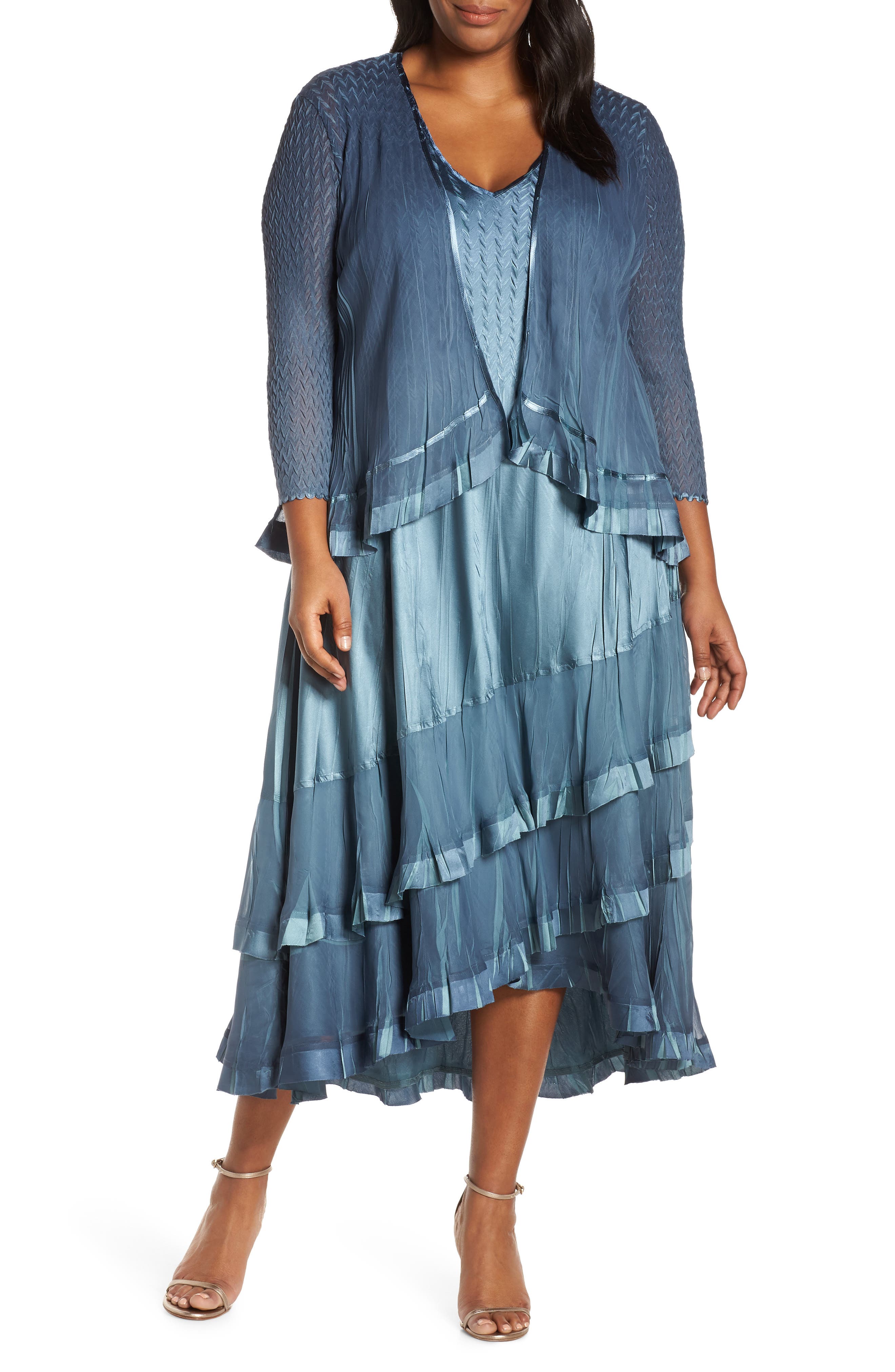 Plus Size Komarov Charmeuse Cocktail Dress With Jacket, Blue