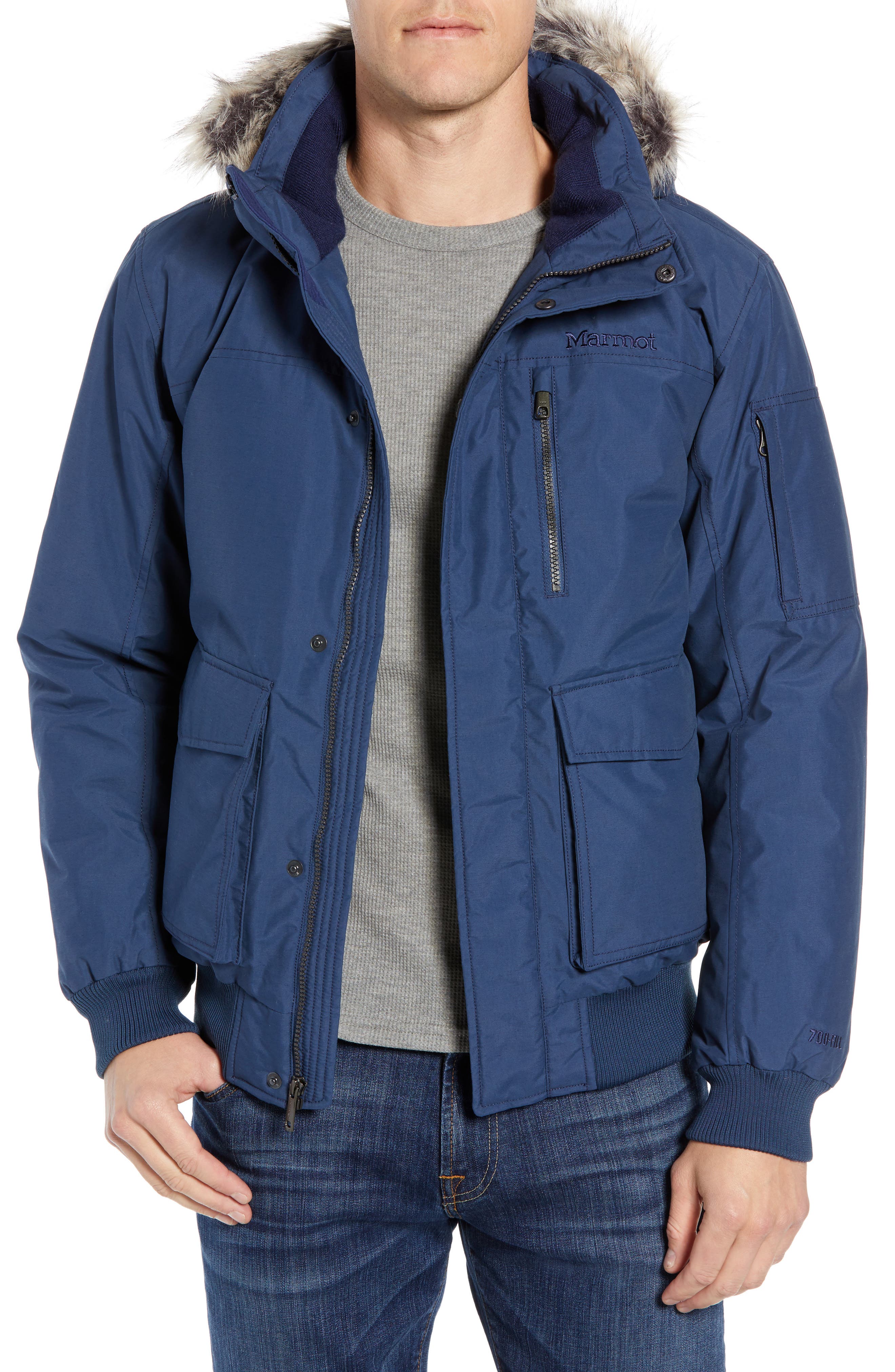 Marmot Stonehaven Waterproof 700 Fill Power Down Jacket With Faux Fur Trim, Blue