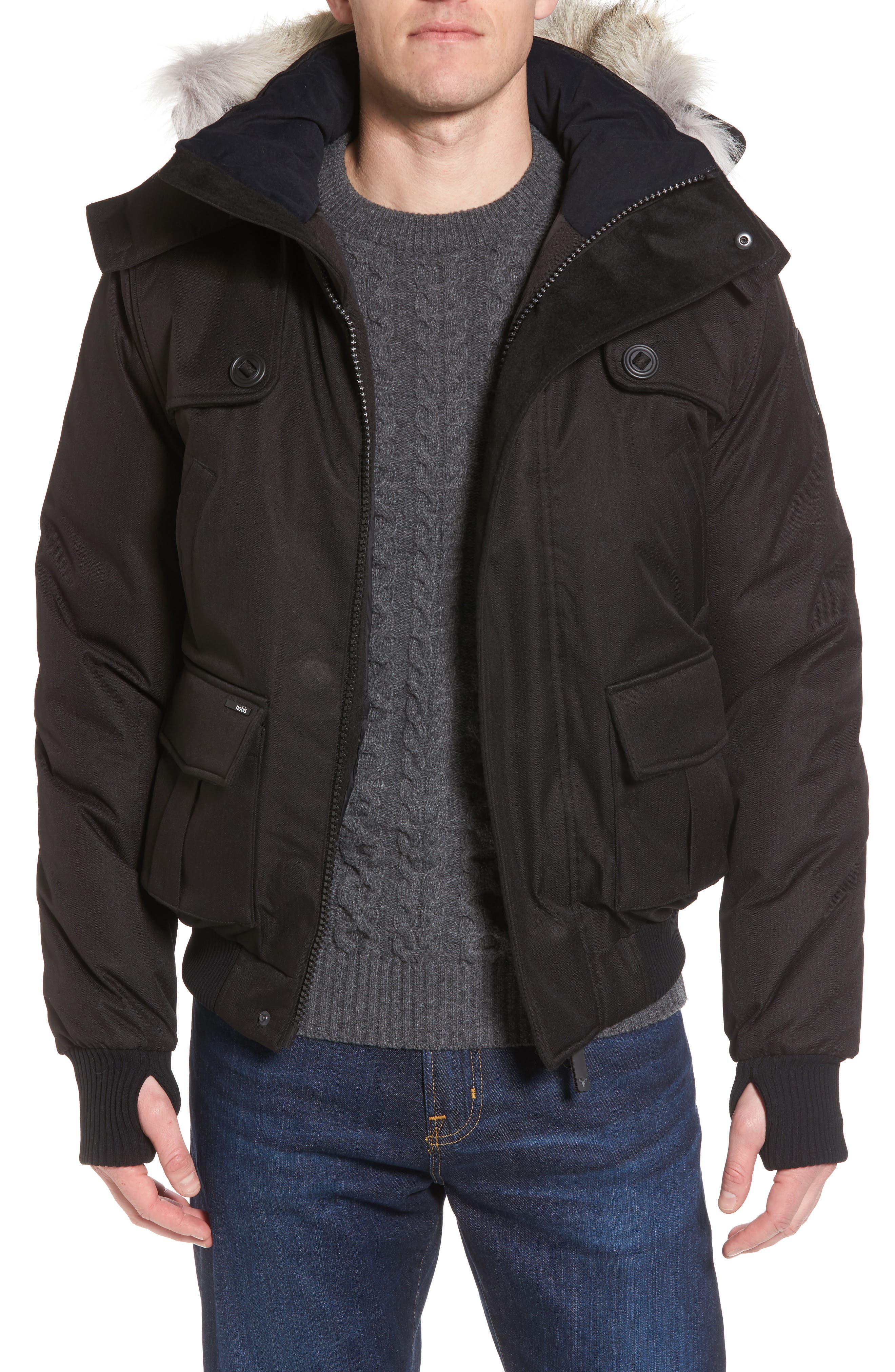 Nobis Windproof & Waterproof 650-Fill Power Down Bomber Jacket With Genuine Coyote Fur Trim, Black