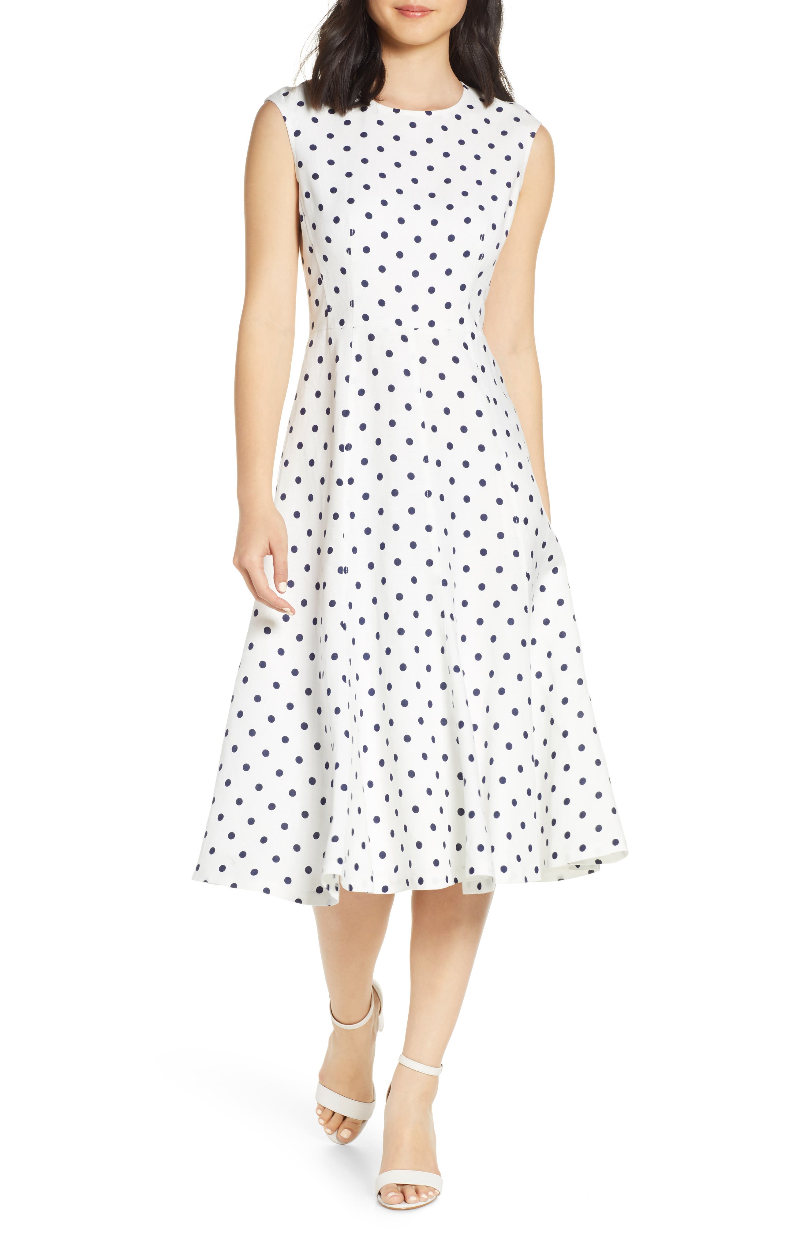 Eliza J Polka Dot Linen Blend Midi Dress, Ivory