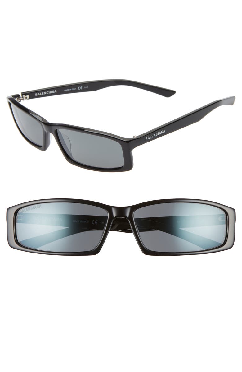 Balenciaga 60Mm Rectangle Sunglasses - Shiny Black/ Grey