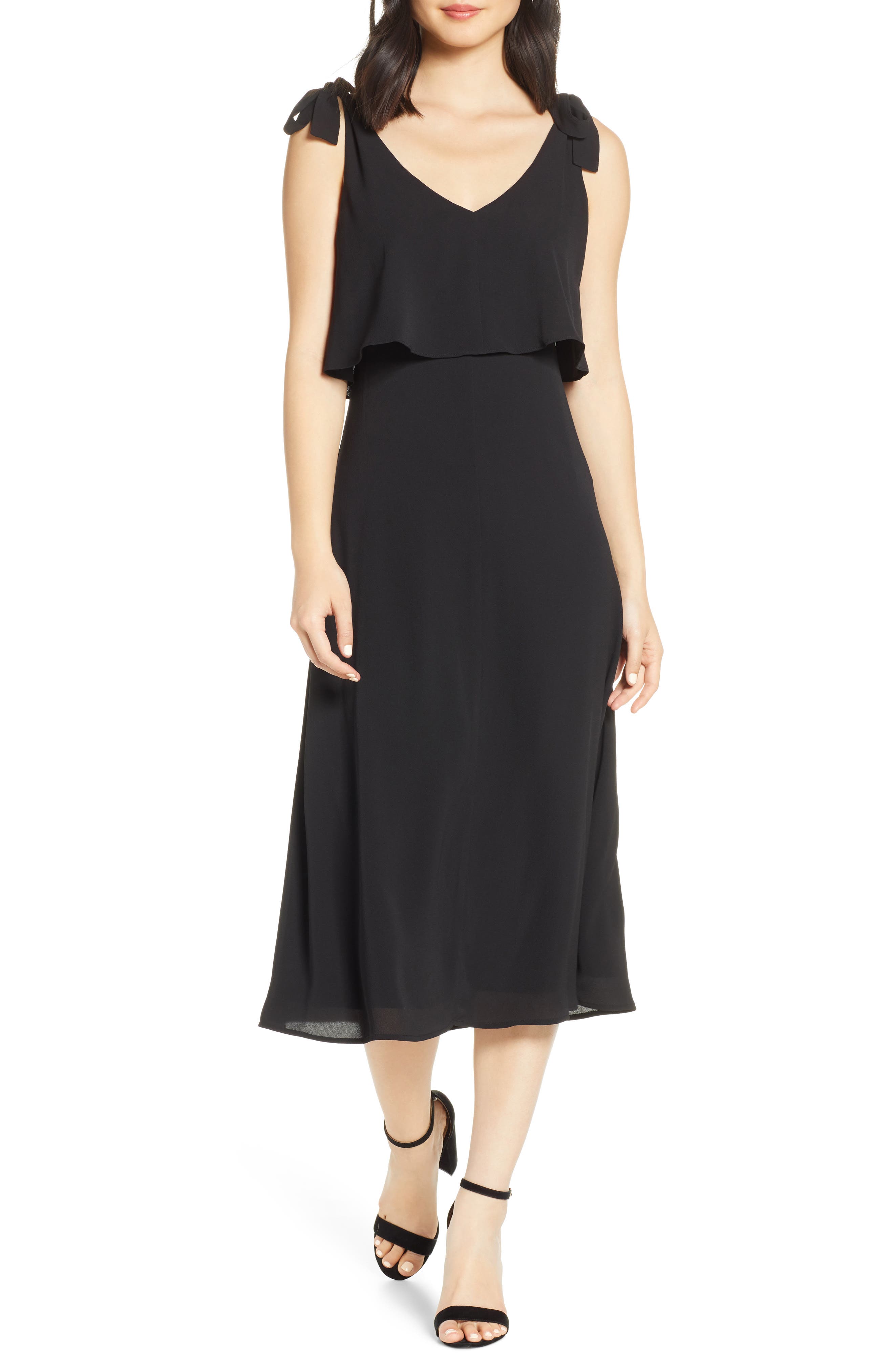 Charles Henry Tie Shoulder Popover Midi Dress, Black