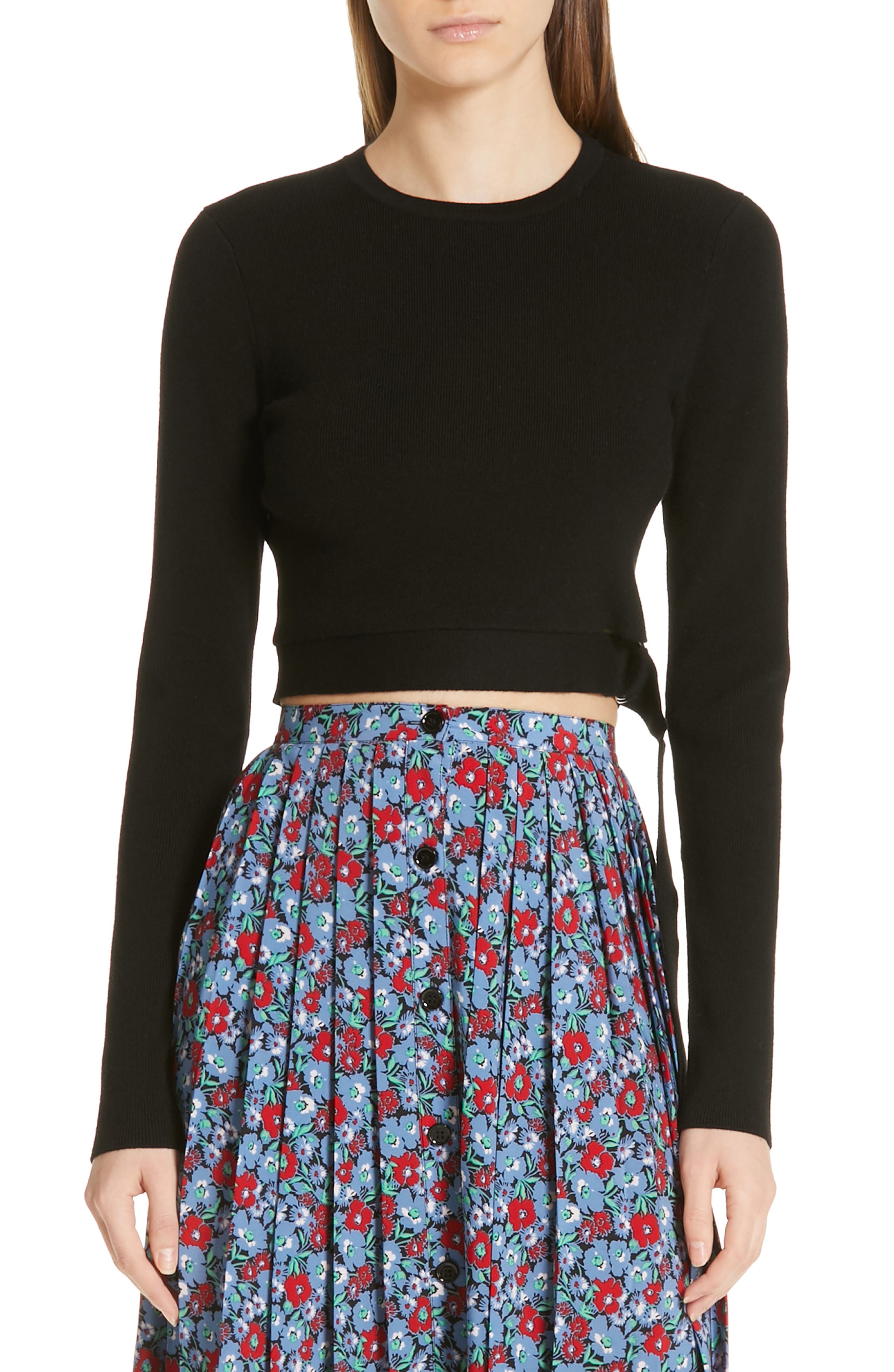 Robert Rodriguez Crop Belt Hem Merino Wool Blend Sweater, Black