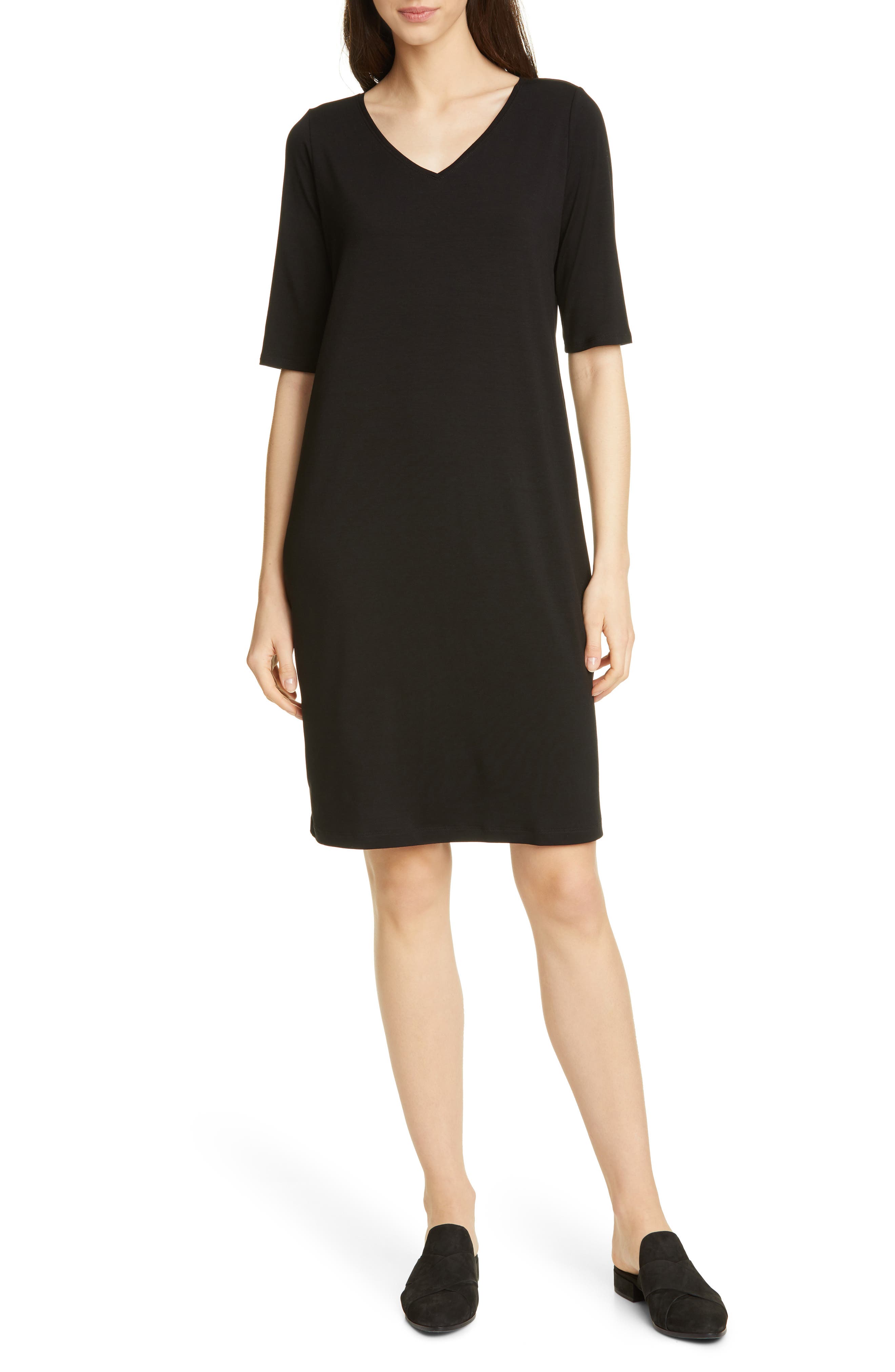 Petite Eileen Fisher Stretch Tencel Lyocell Shift Dress, Black