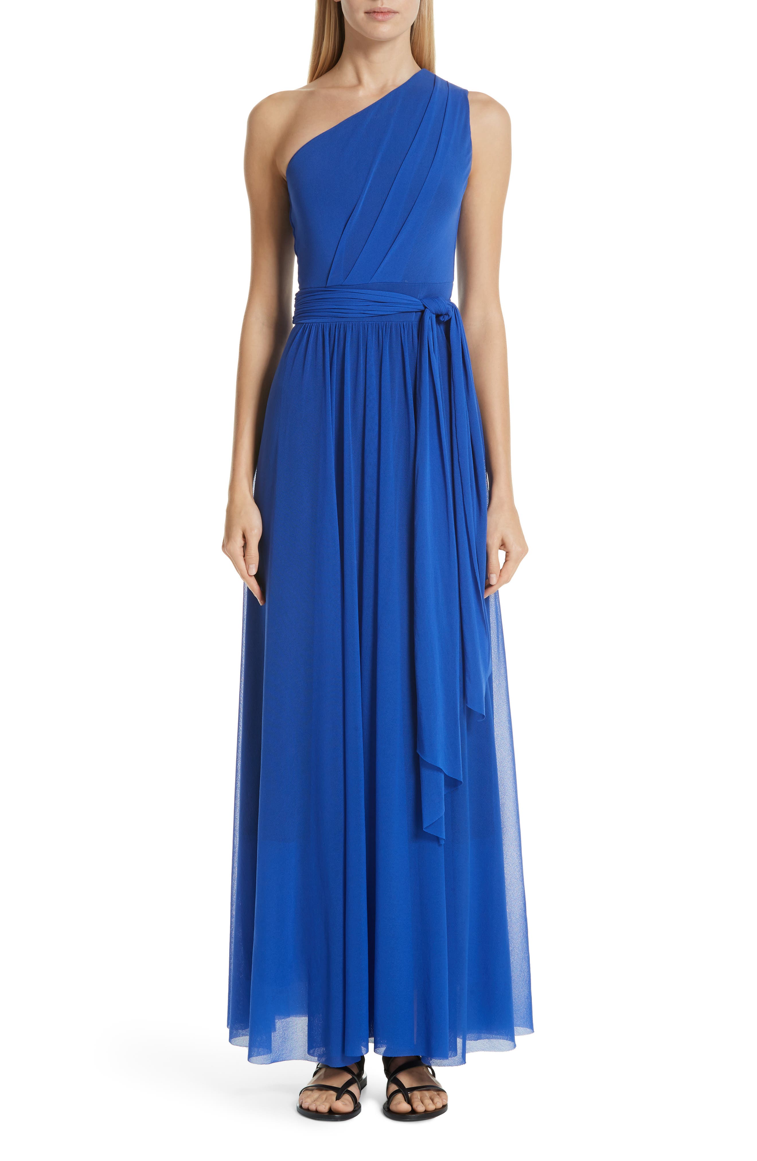 Fuzzi Tulle One-Shoulder Evening Dress, Blue