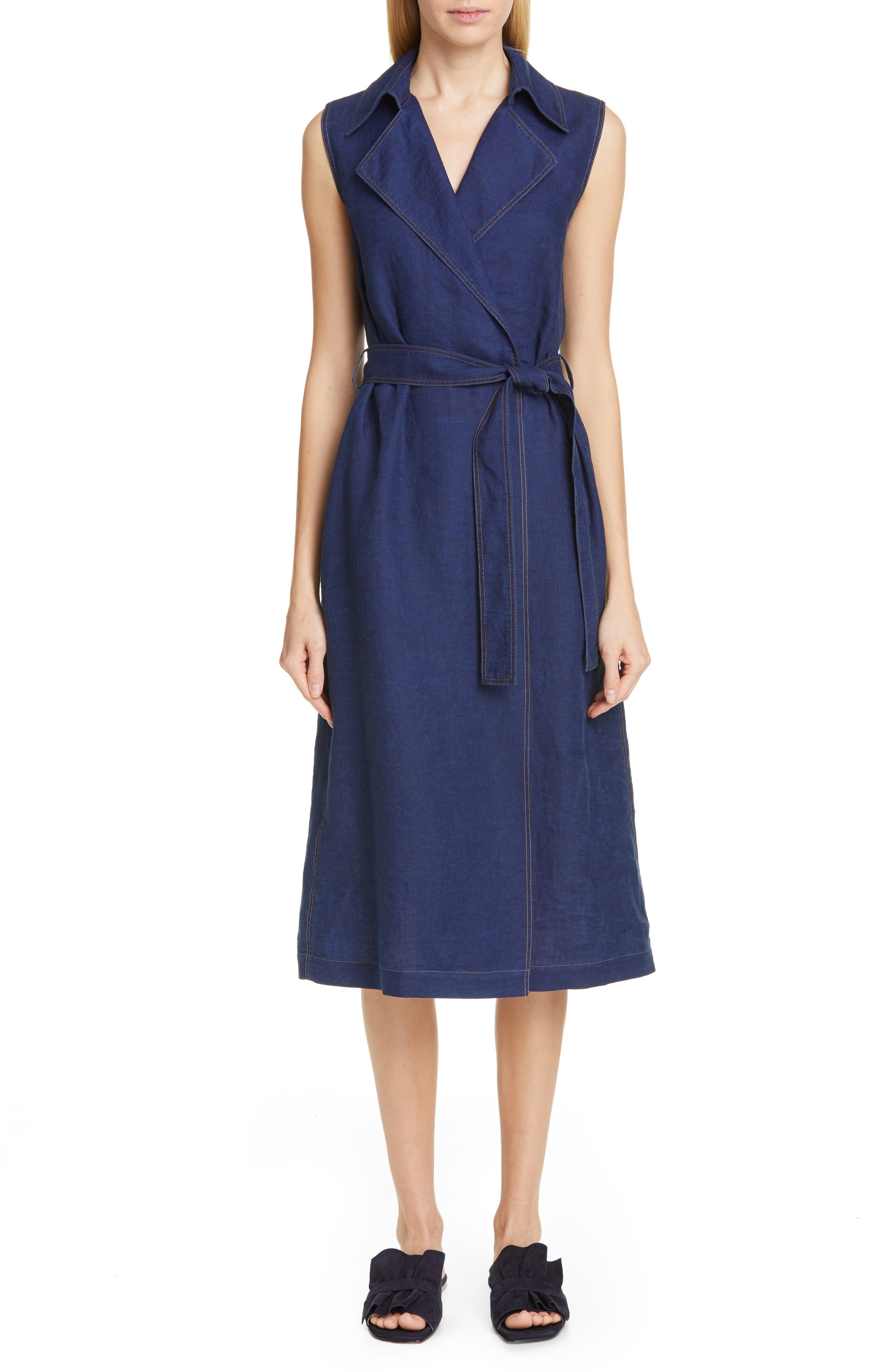 Lafayette 148 New York Florence Belted A-Line Linen Wrap Dress, Blue