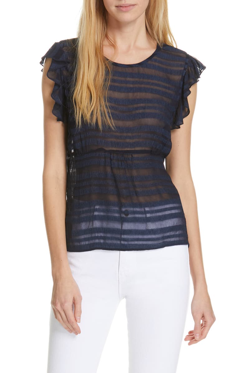 Frame Tops RUFFLE SHOULDER SHEER STRIPE TOP