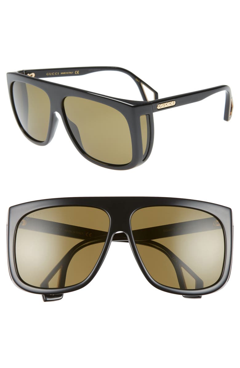 GUCCI 62MM OVERSIZE FLAT TOP SUNGLASSES - SHNY BLK MAZZU/GRN SOLID,GG0467S001
