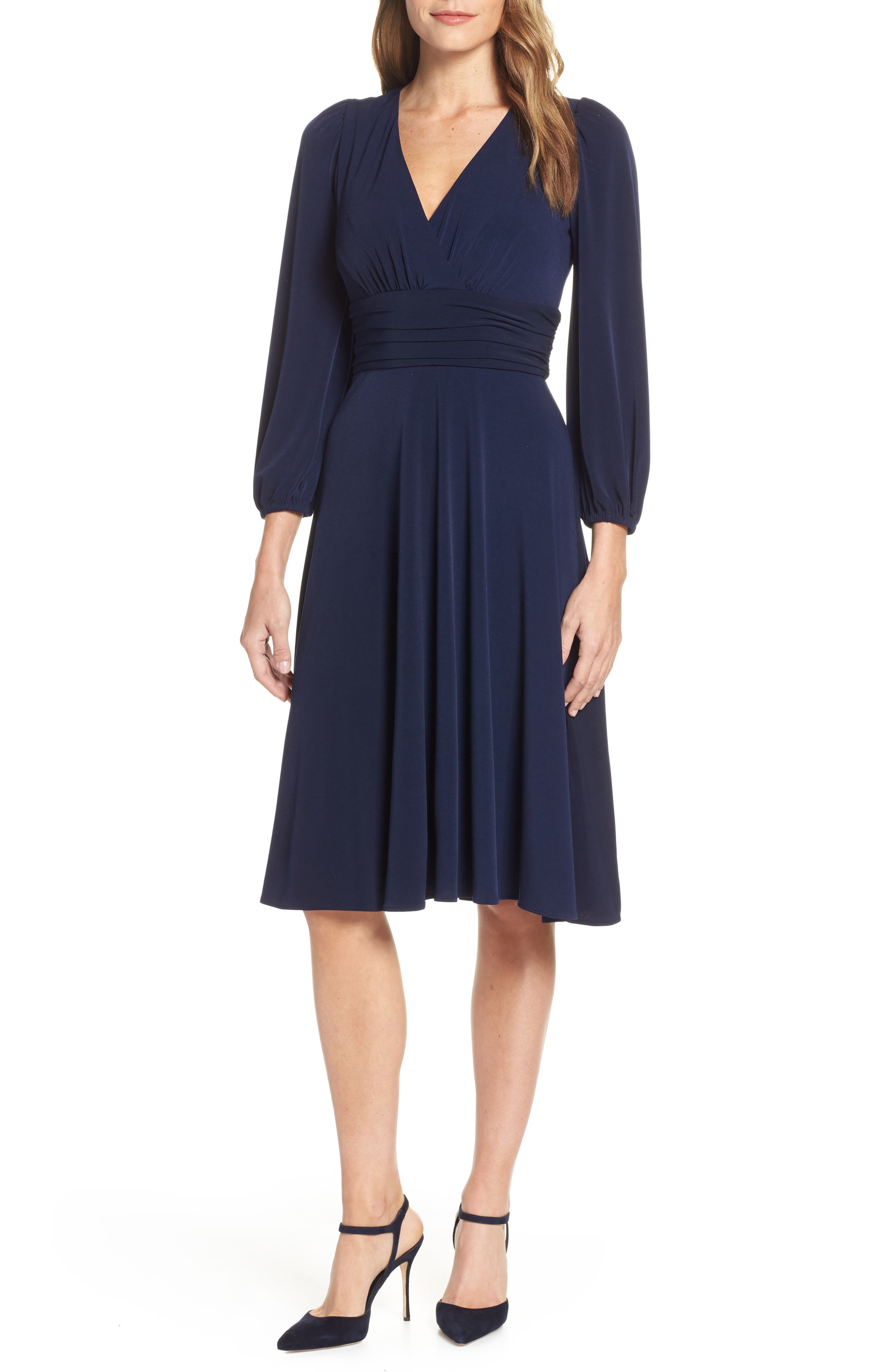 Eliza J V-Neck Fit & Flare Dress, Blue