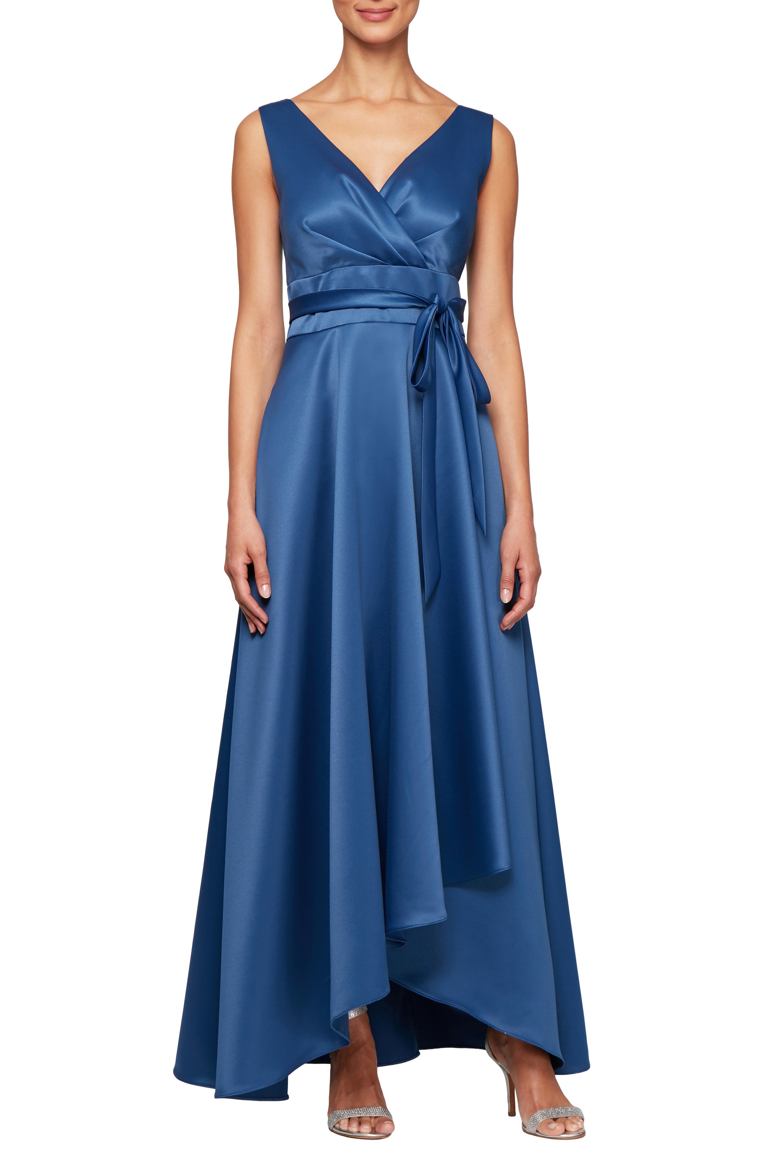 Petite Alex Evenings Wrap Look Satin Evening Dress, Grey