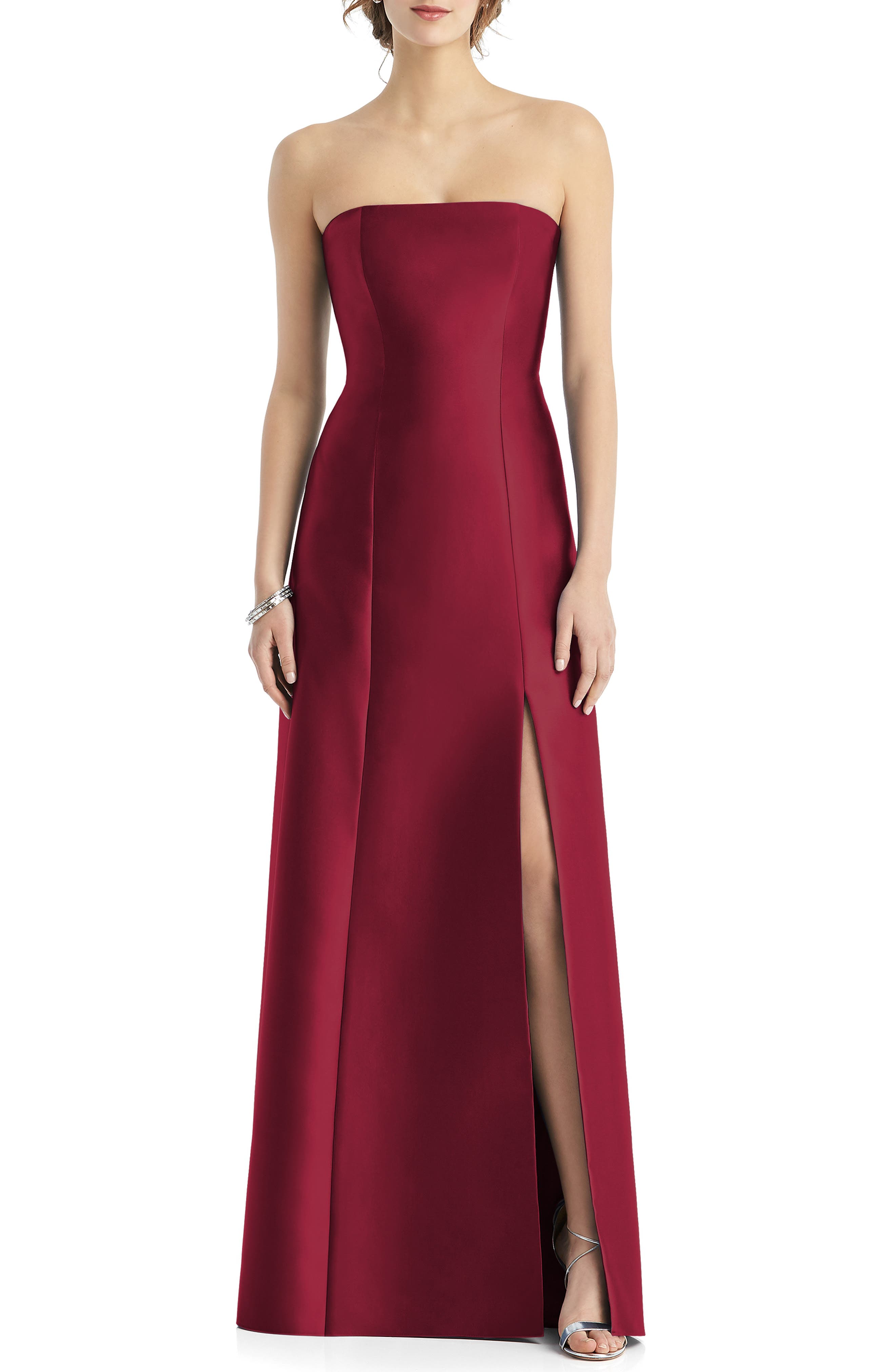 Alfred Sung Strapless Side Slit Satin Gown