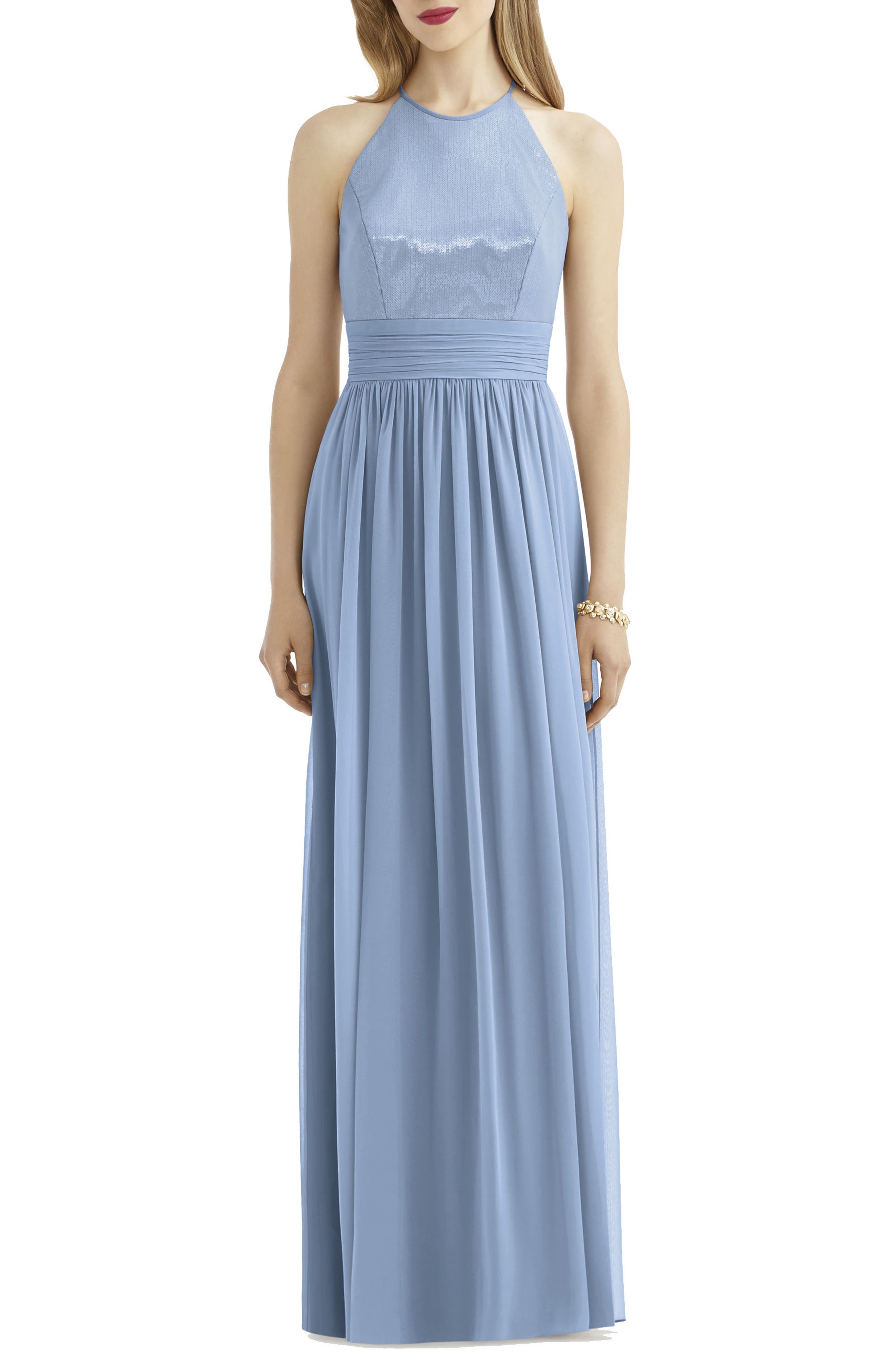 After Six Sequin Open Back Chiffon Gown, Blue