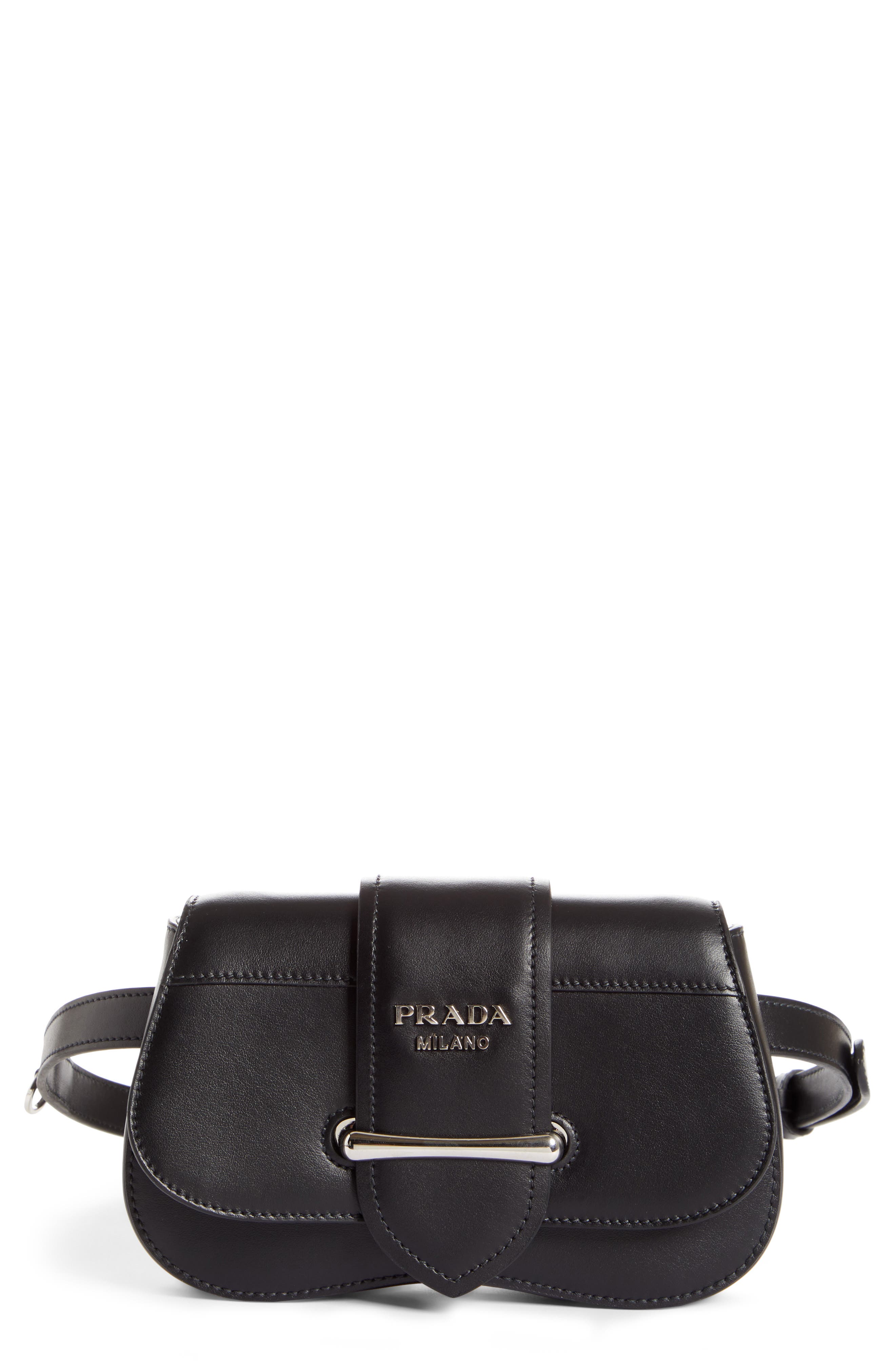 PRADA Convertible Calfskin Leather Belt Bag, Main, color, NERO