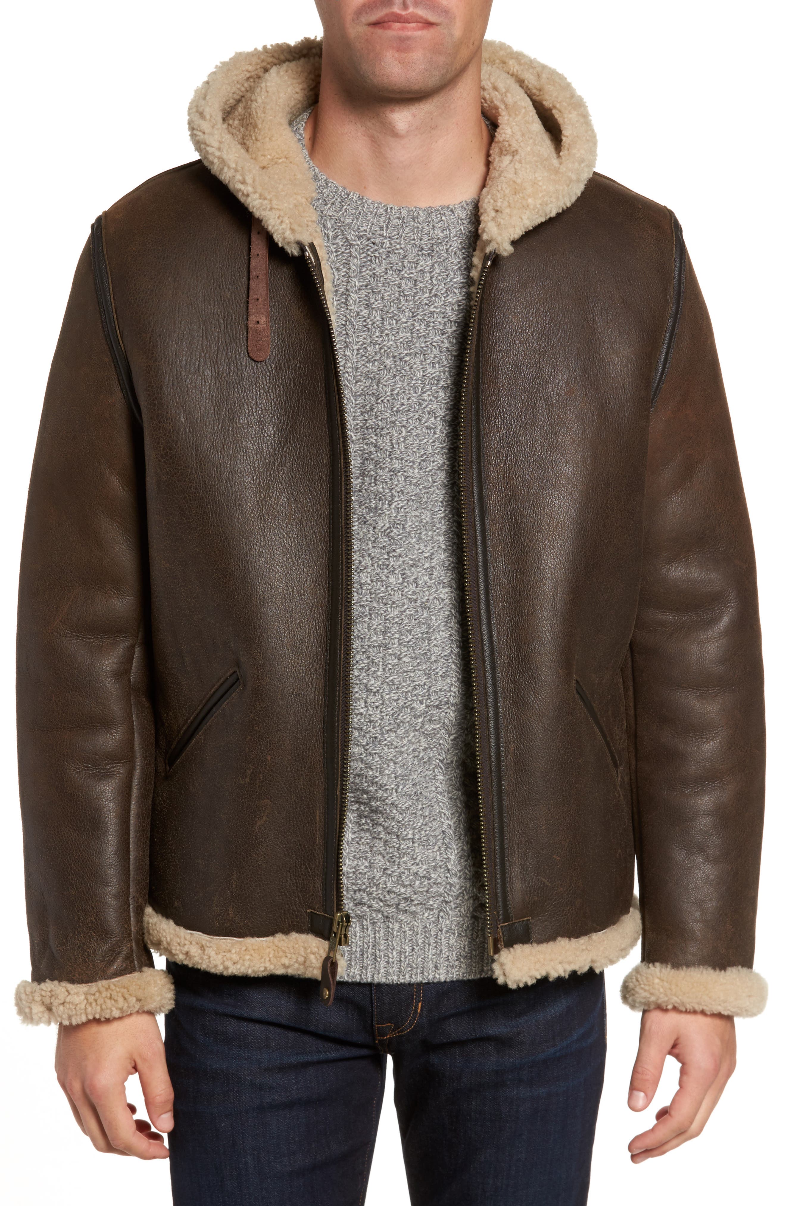 Schott NYC Genuine Shearling Vintage B-6 Hooded Bomber Jacket | Nordstrom