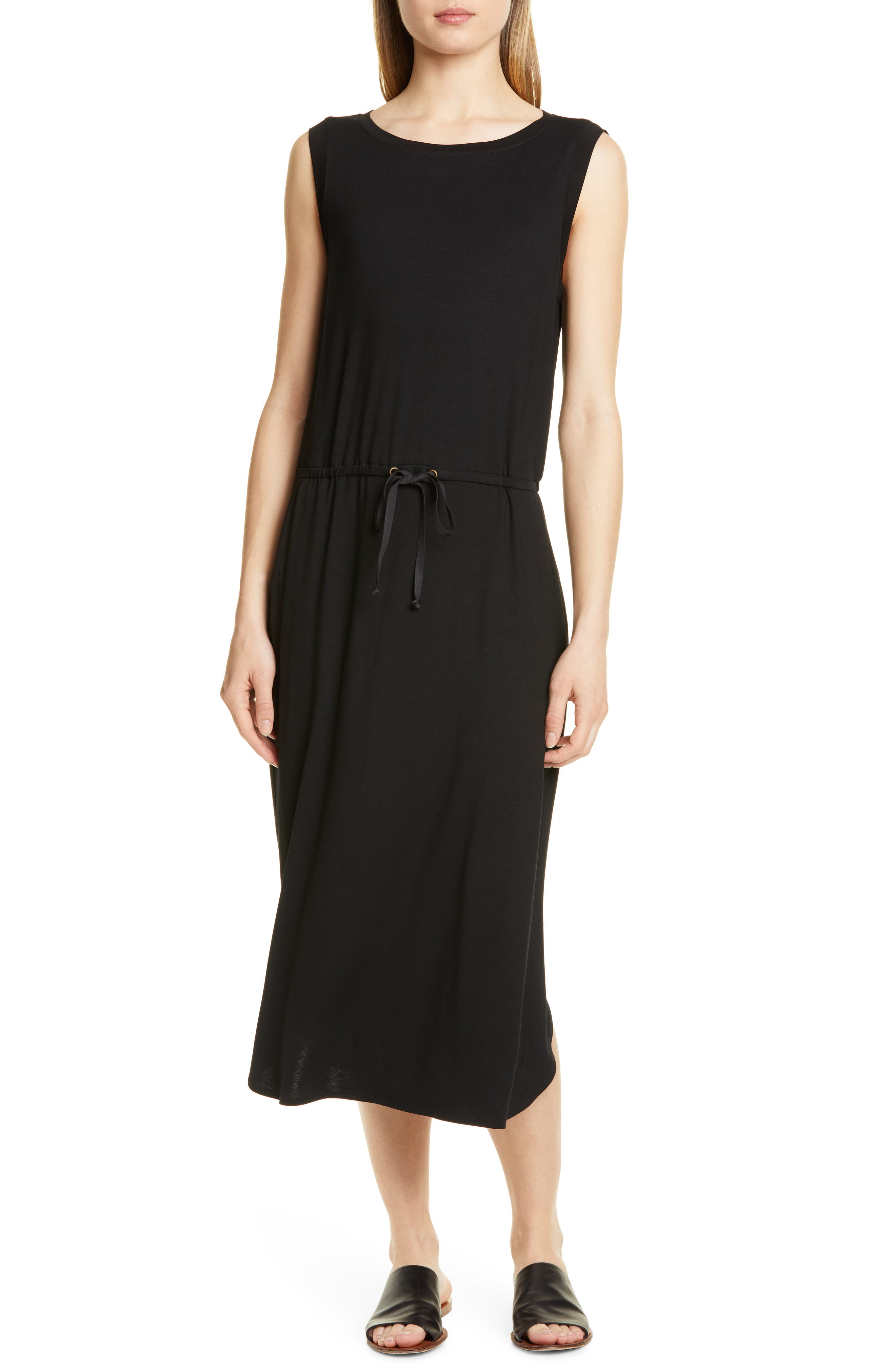 Eileen Fisher Drawstring Stretch Tencel Lyocell Midi Dress, Black