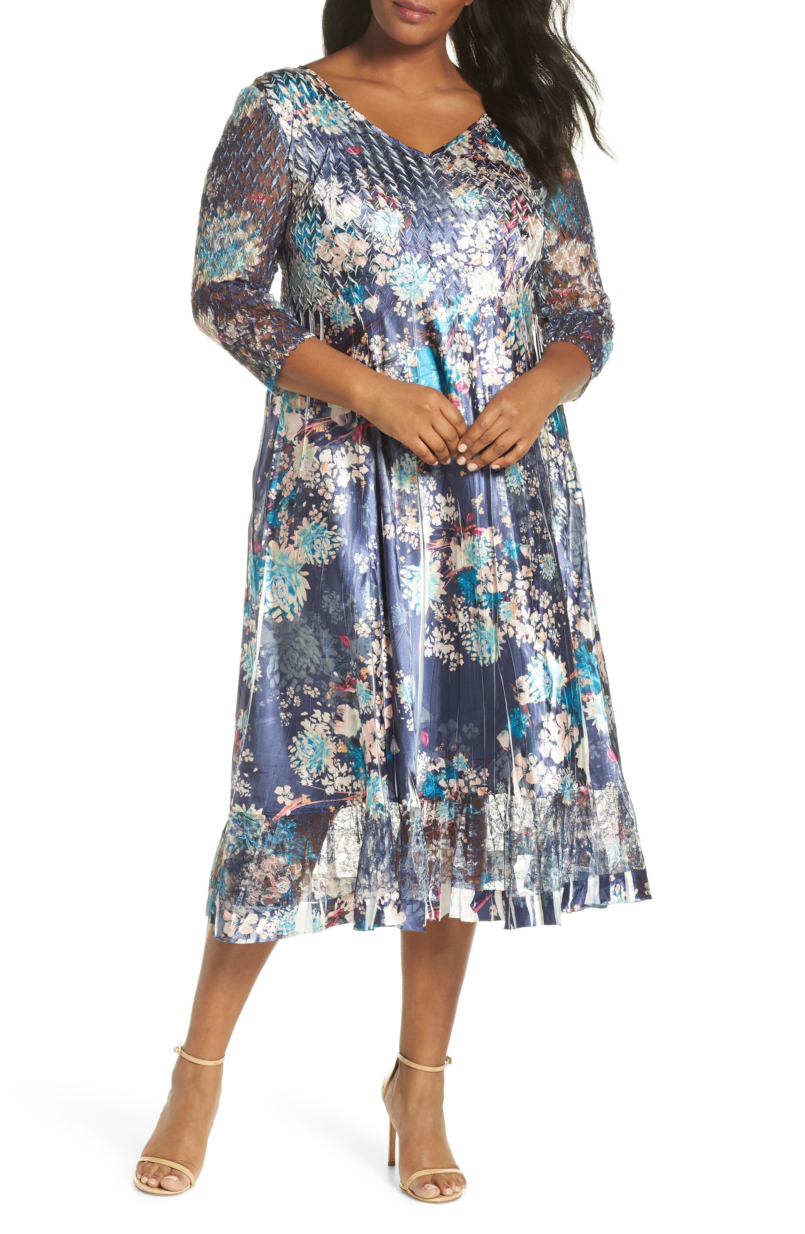Plus Size Komarov Print Charmeuse & Chiffon A-Line Dress, Blue