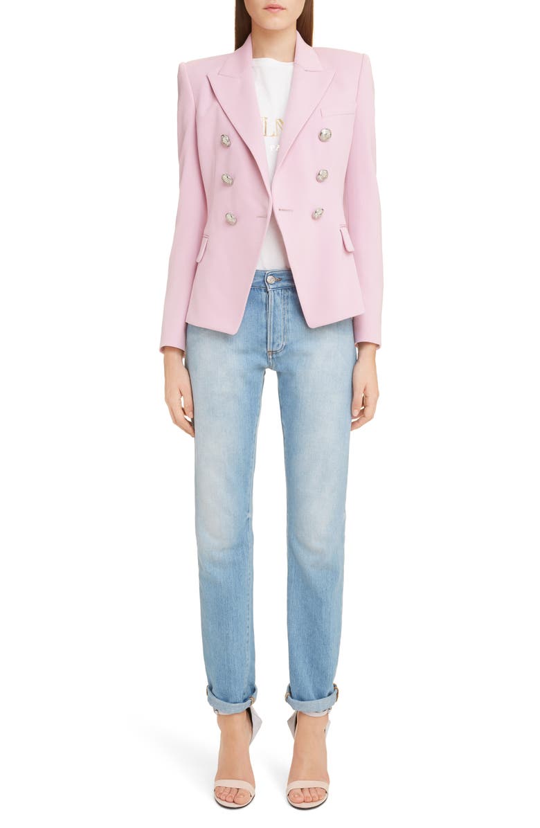 Balmain Classic Double-Breasted Grain De Poudre Blazer In Pink