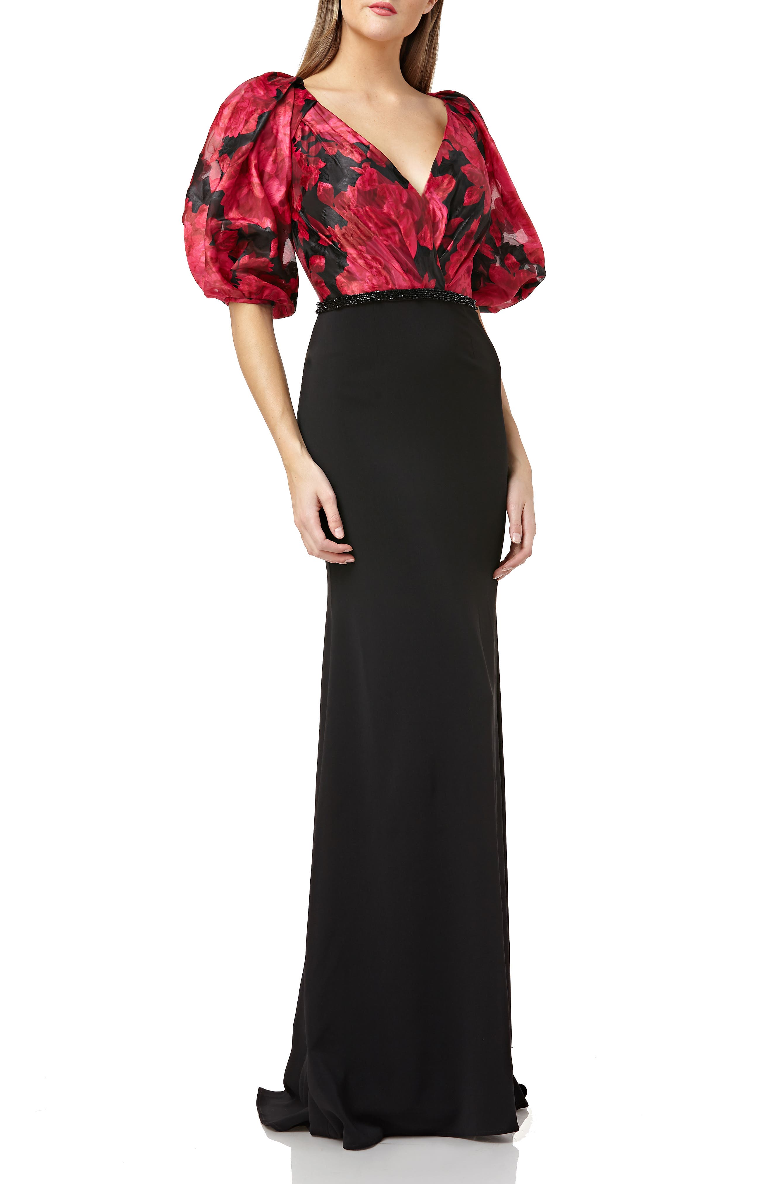 Carmen Marc Valvo Infusion Floral Print Organza Bodice Evening Dress, Black