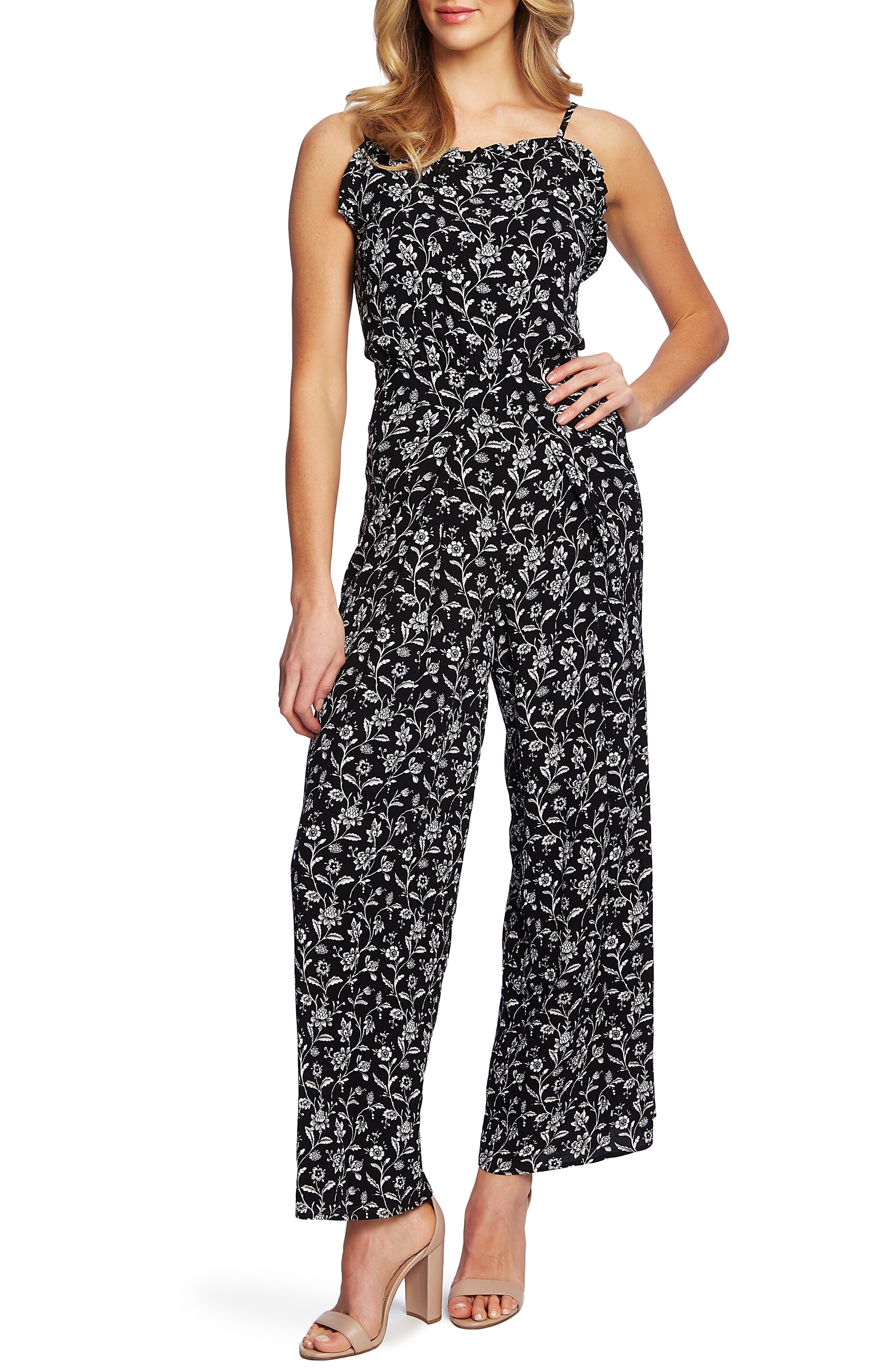Cece Ornate Floral Print Ruffle Trim Jumpsuit, Black