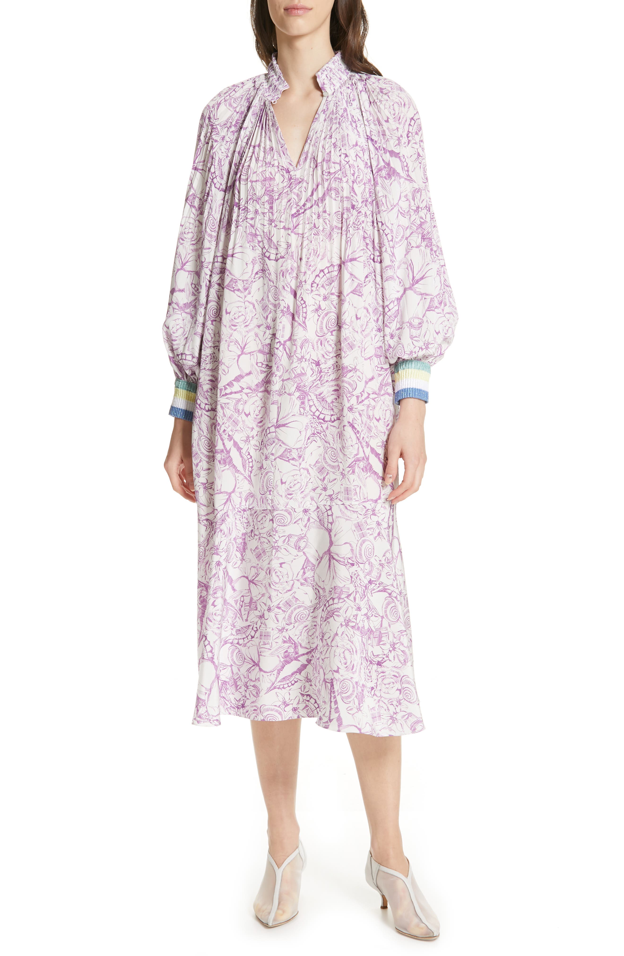 Tibi Isa Toile Print Ribbed Cuff Midi Dress, Purple