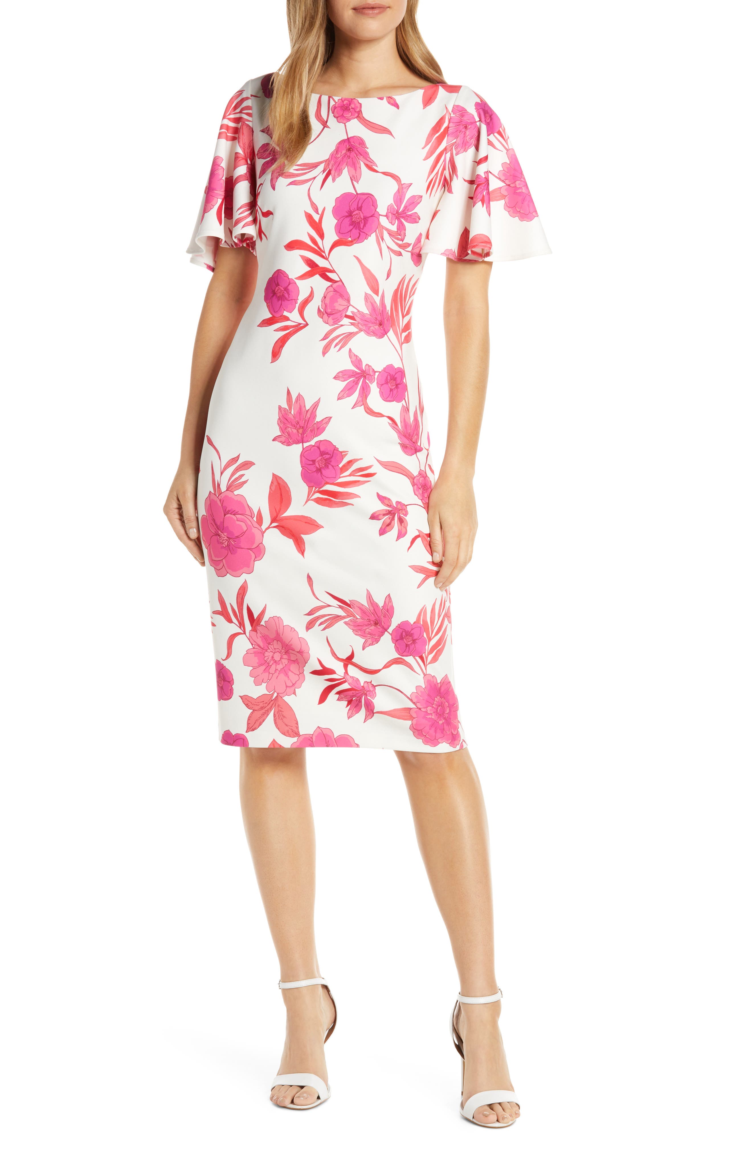 Eliza J Floral Scuba Crepe Sheath Dress, White