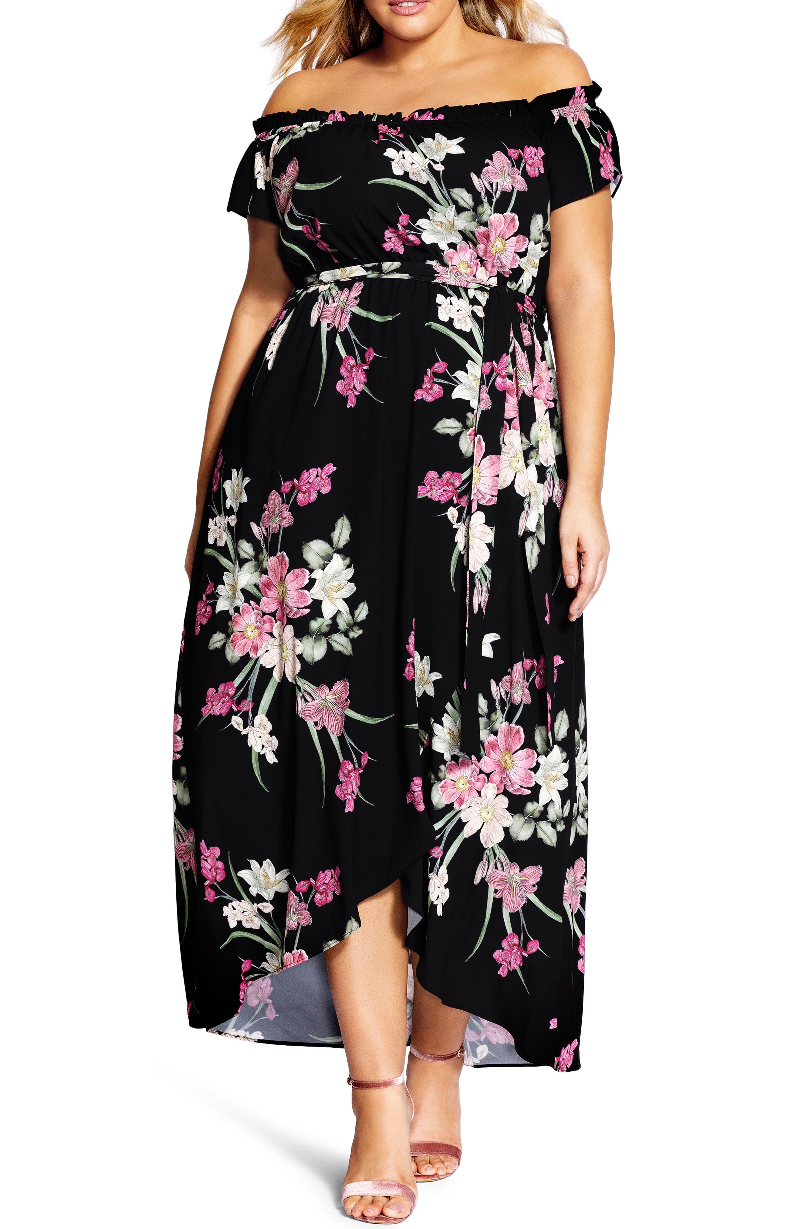Plus Size City Chic Floral Off The Shoulder Maxi Dress, Black