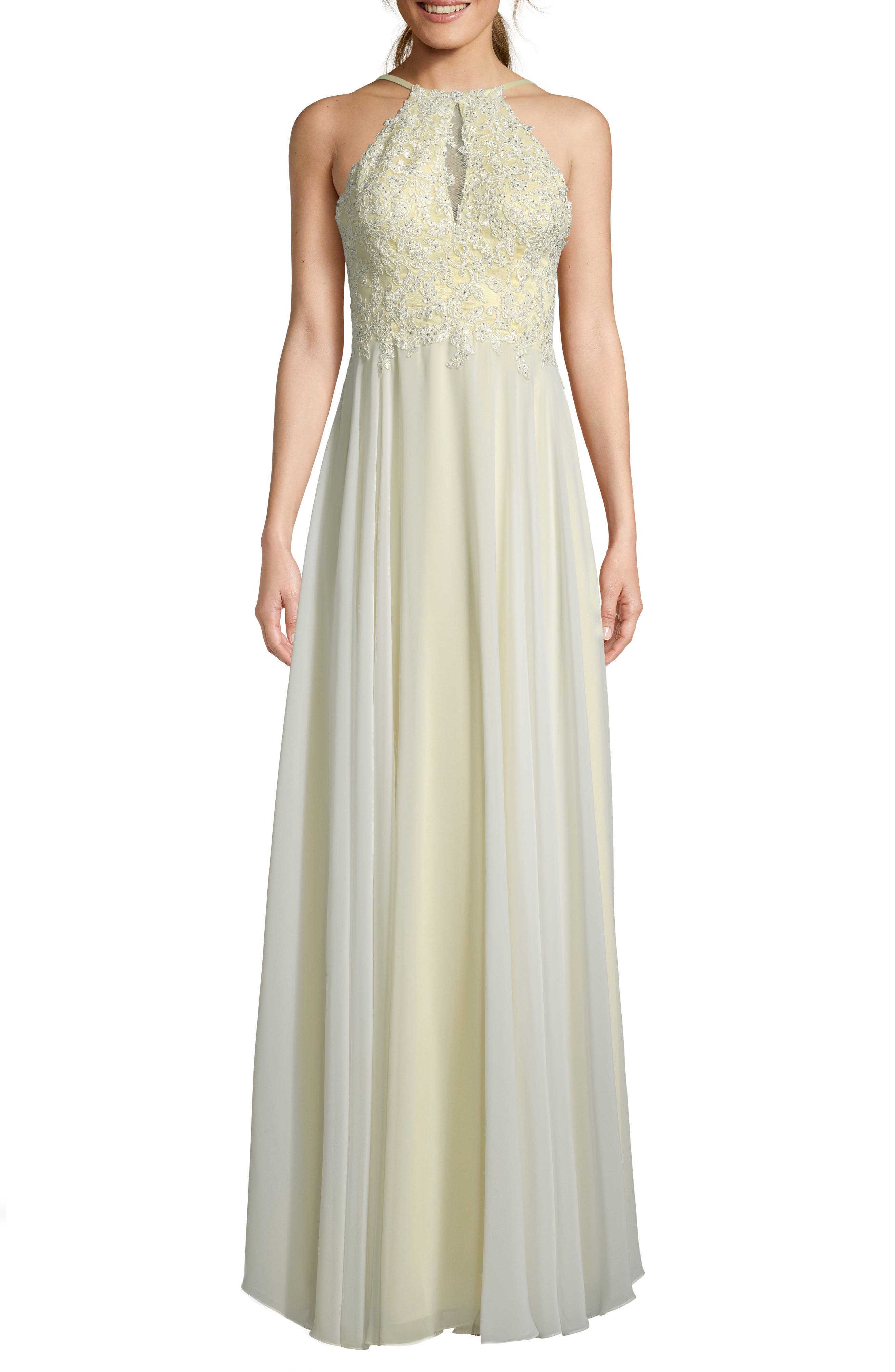 Xscape Beaded 3D Floral Lace Chiffon Evening Dress, Yellow