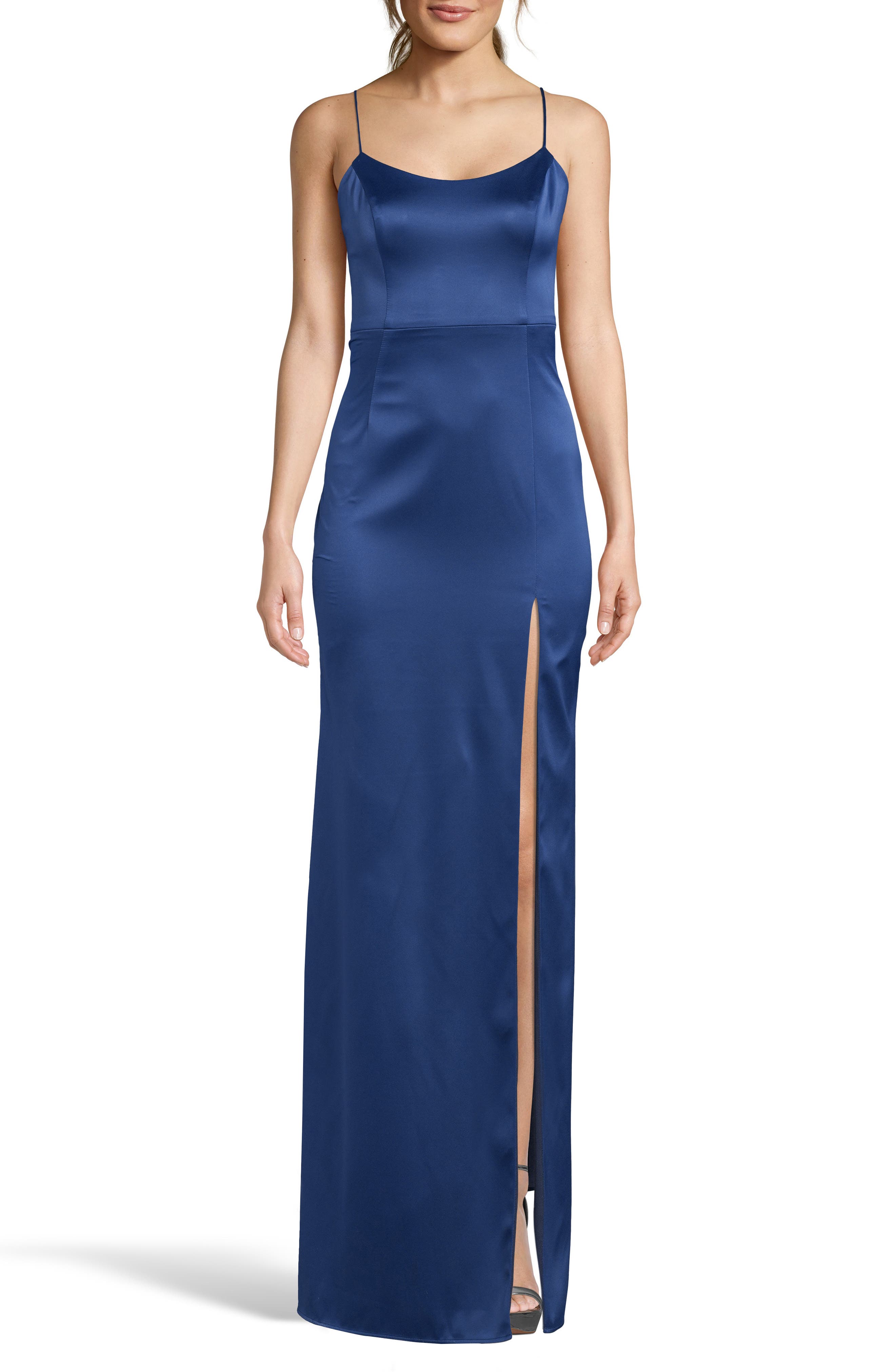 Xscape Satin Front Slit Evening Dress, Blue