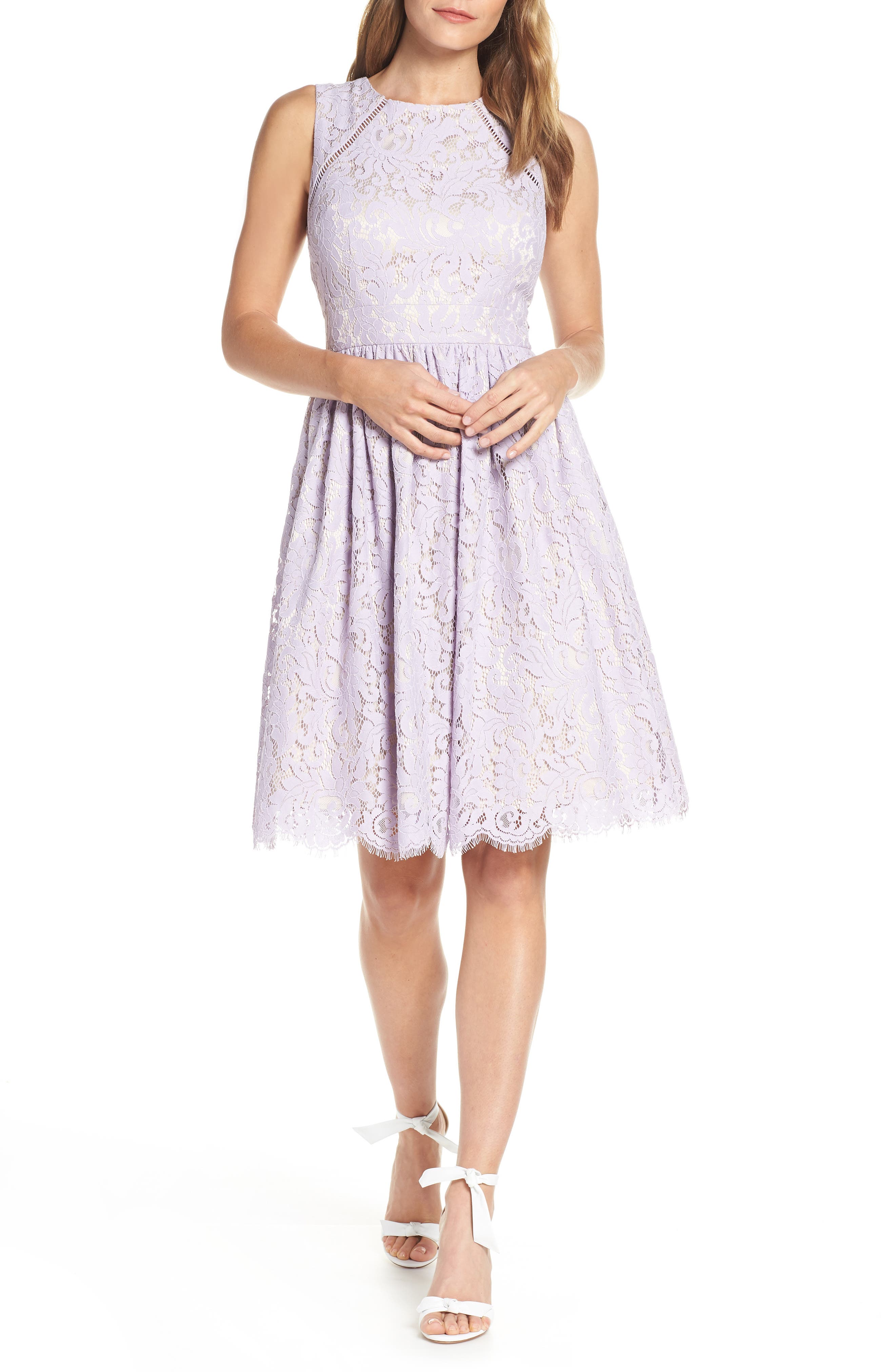 Petite Eliza J Lace Fit & Flare Dress, Purple