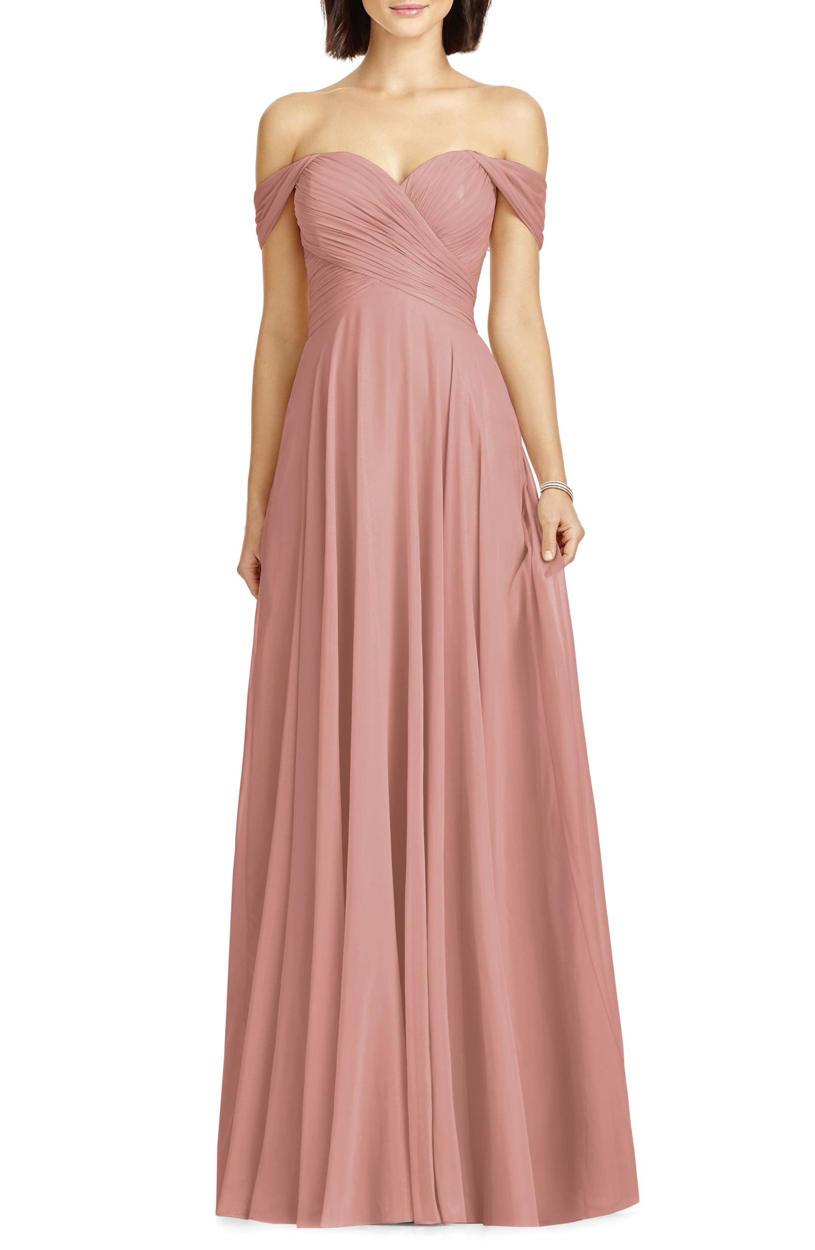 Dessy Collection Lux Ruched Off The Shoulder Chiffon Gown, Pink