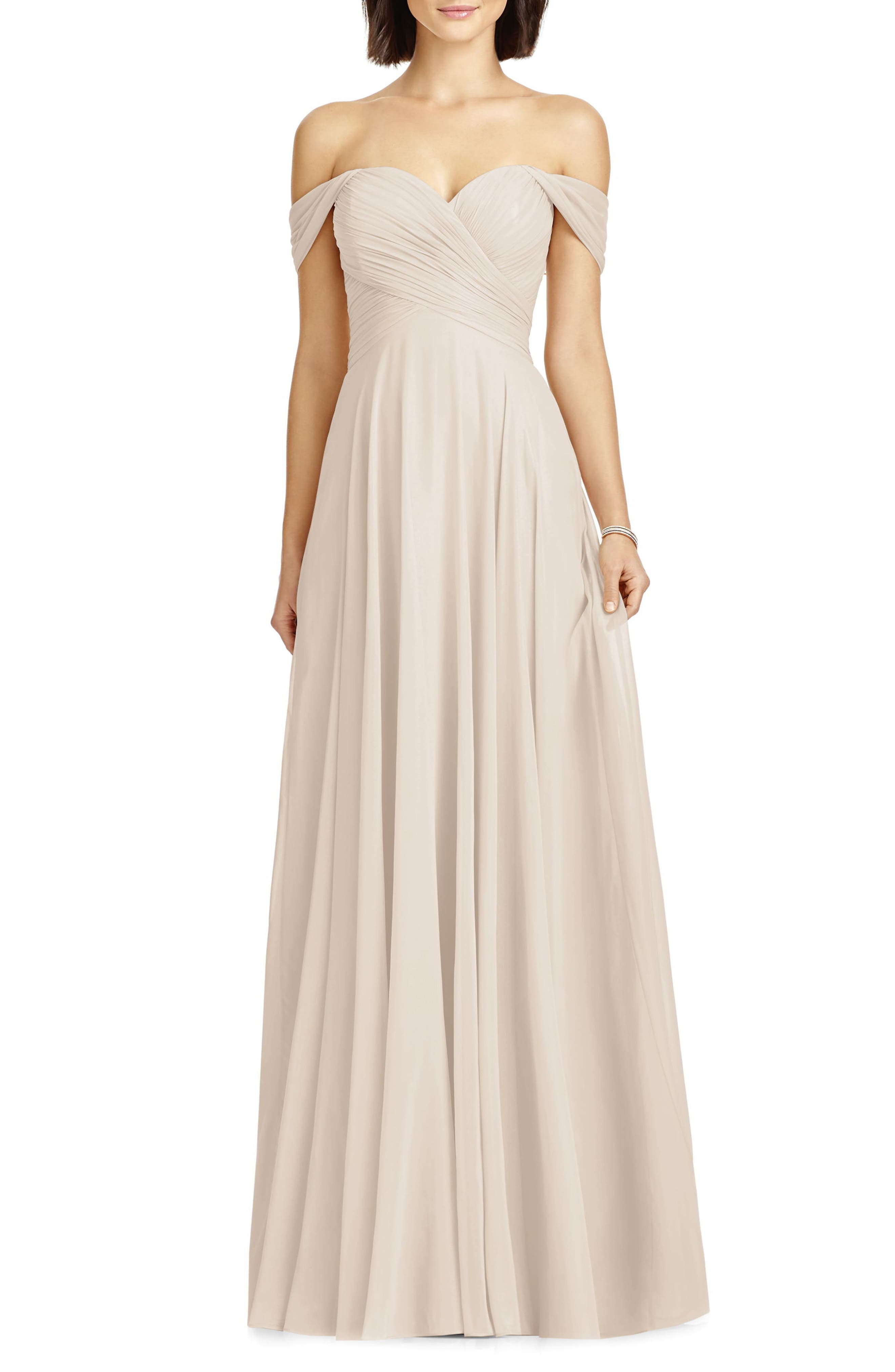 Dessy Collection Lux Ruched Off The Shoulder Chiffon Gown, Beige