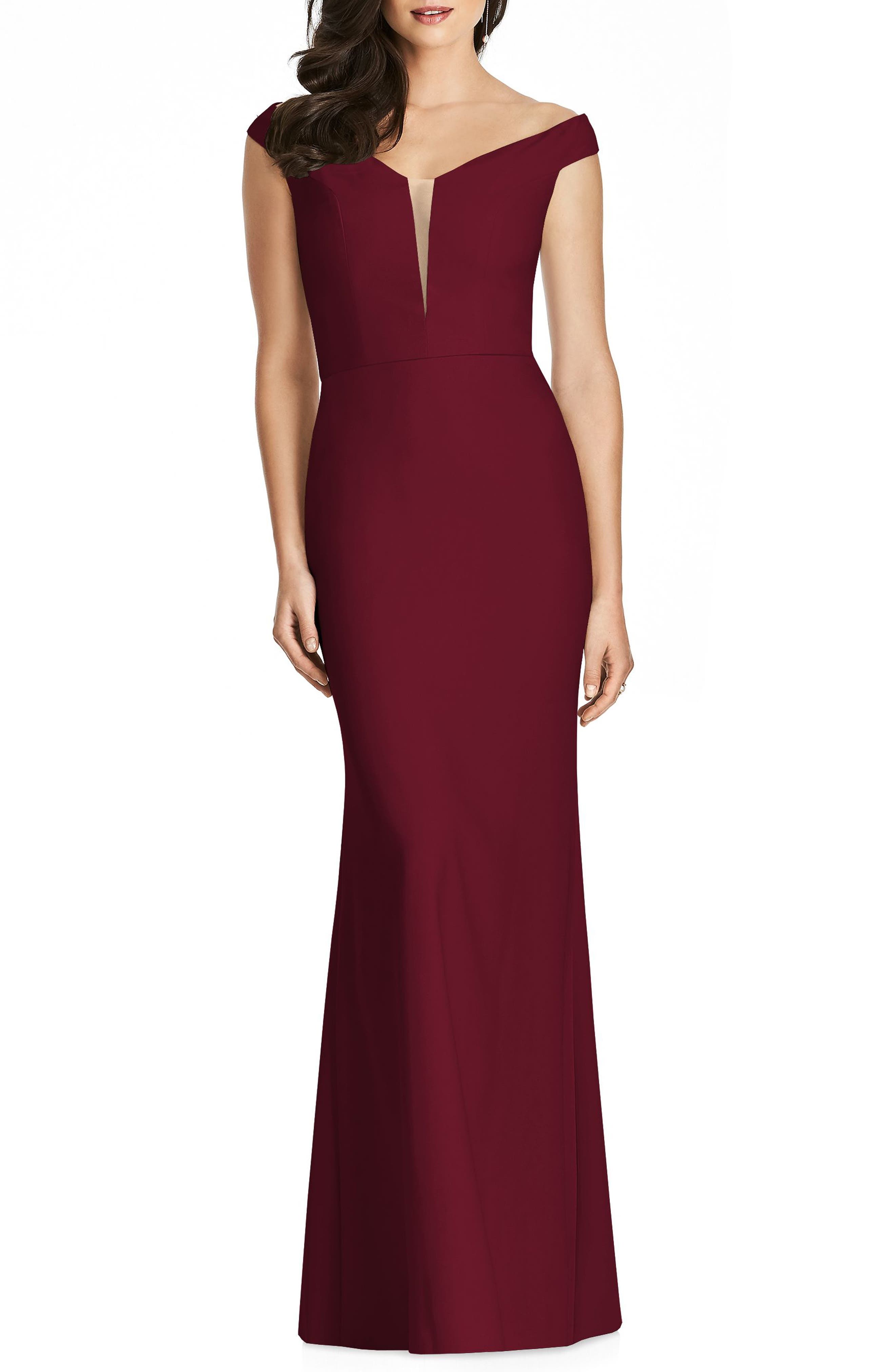 Dessy Collection Off The Shoulder Crepe Gown, Burgundy