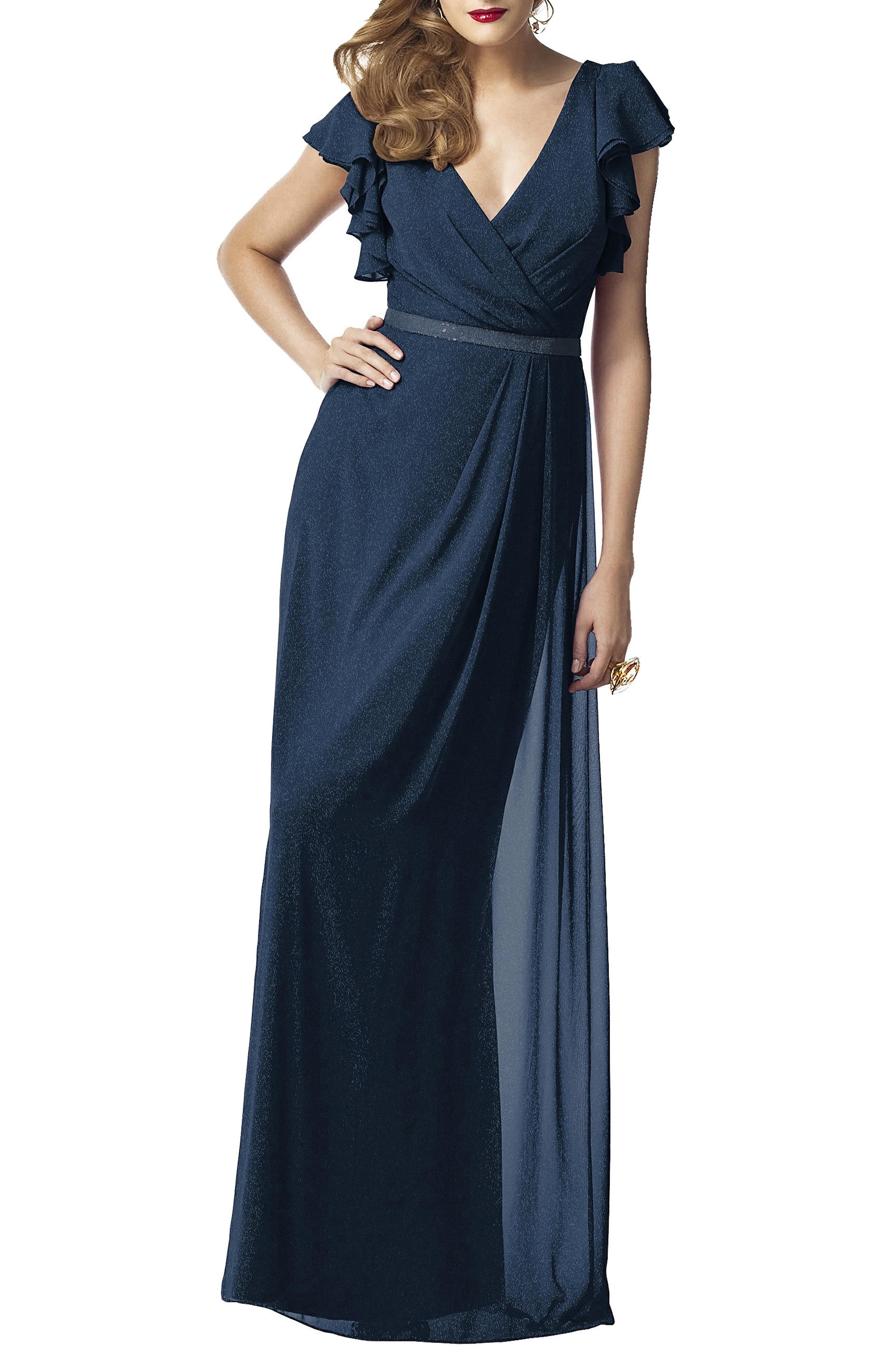 Dessy Collection Sequin Flutter Sleeve Gown, Blue