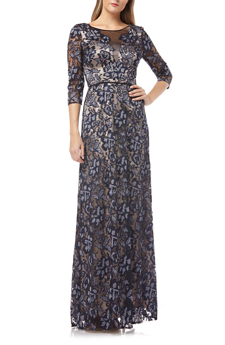 JS Collections Floral Embroidered Mesh Gown | Nordstrom