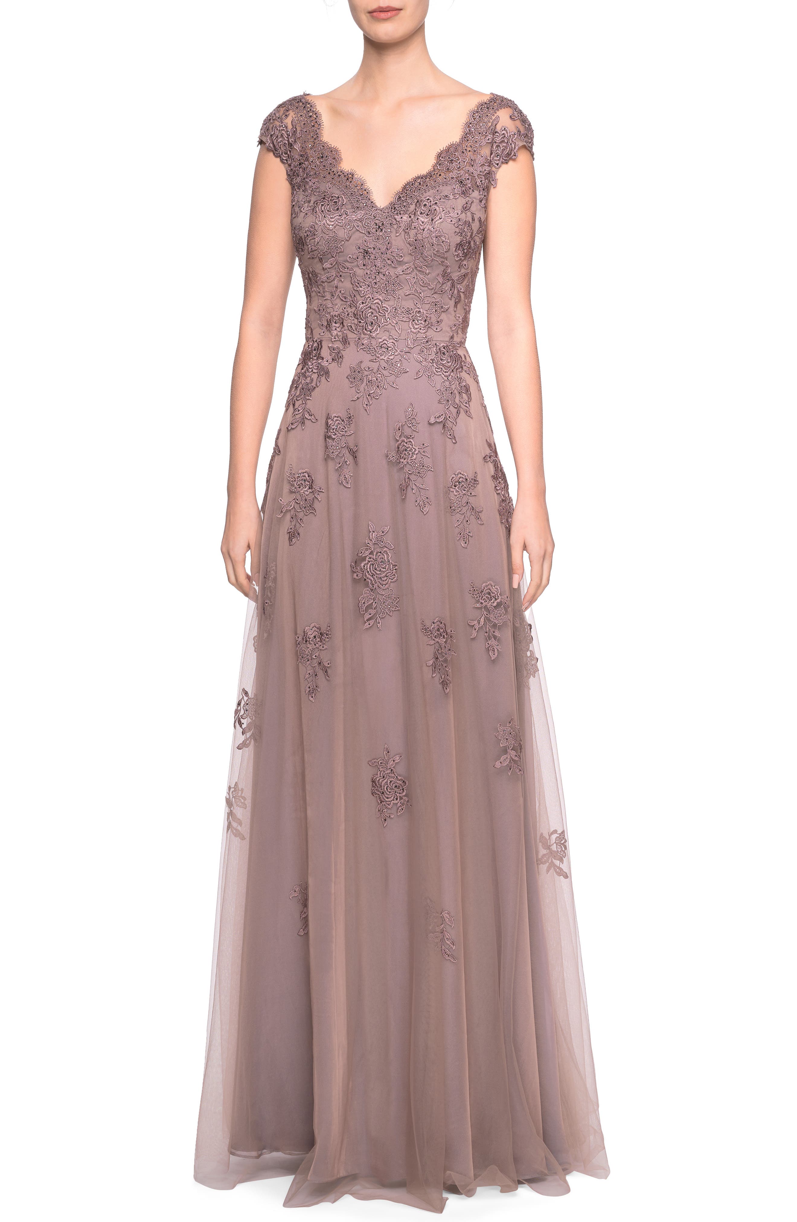 La Femme Tulle & Lace Evening Dress, Brown