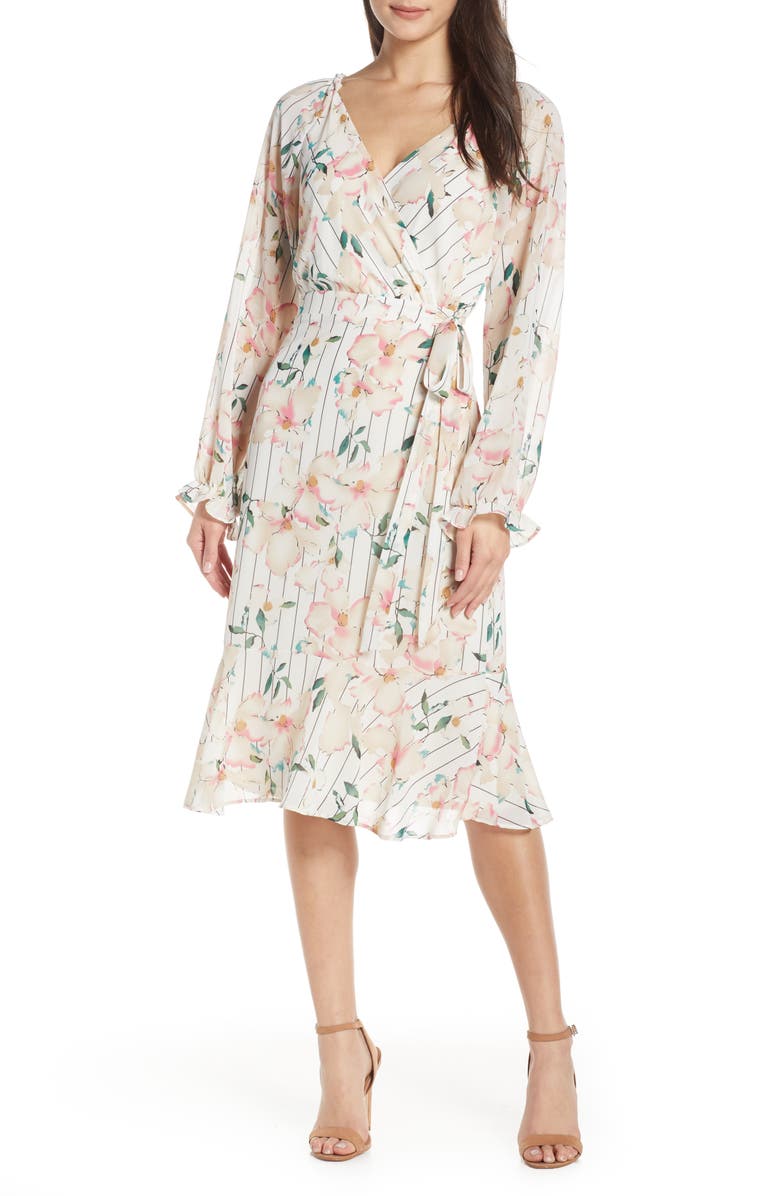 Stripe & Floral Long Sleeve Faux Wrap Midi Dress