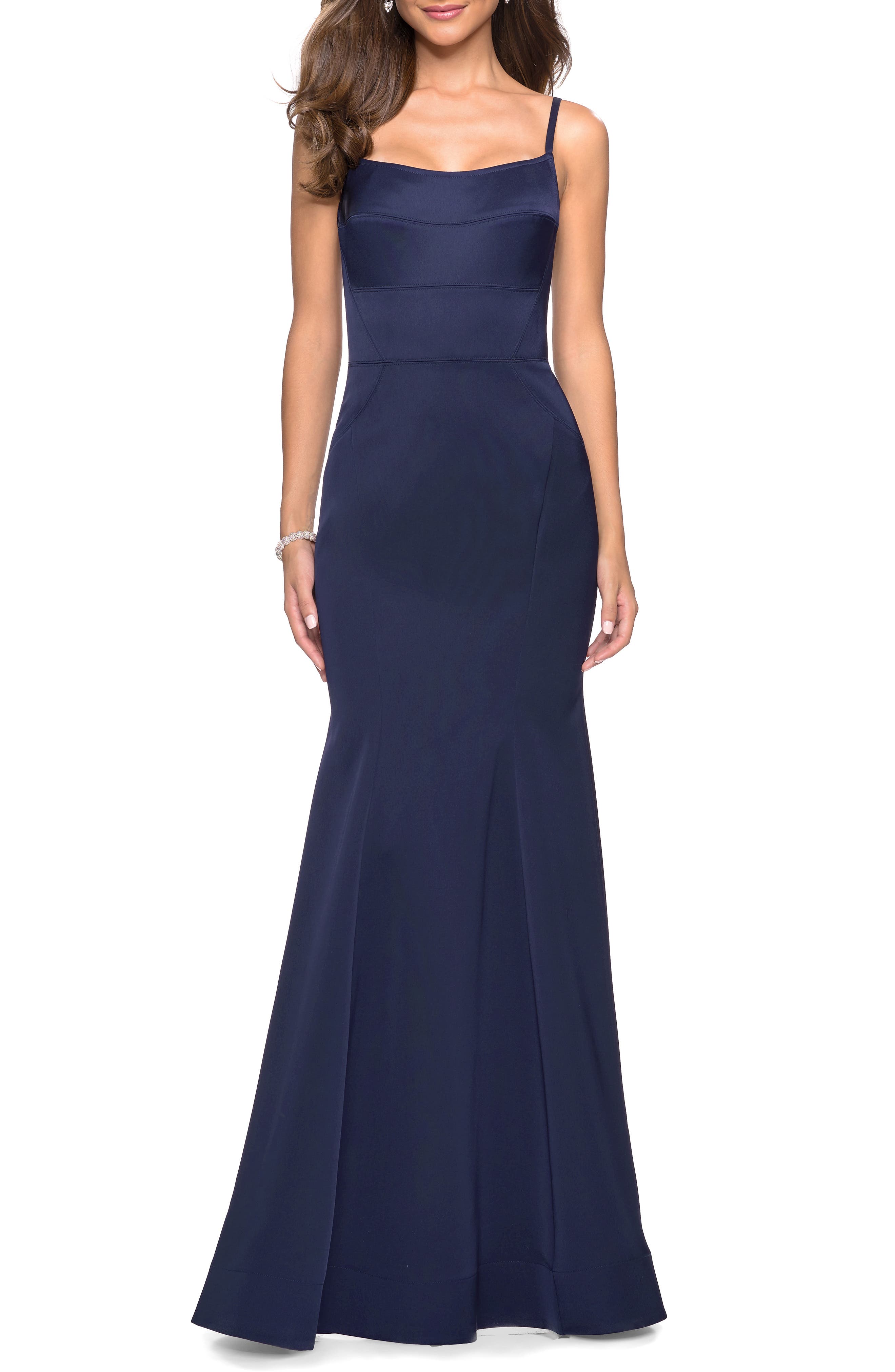 La Femme Structured Thick Jersey Trumpet Evening Dress, Blue