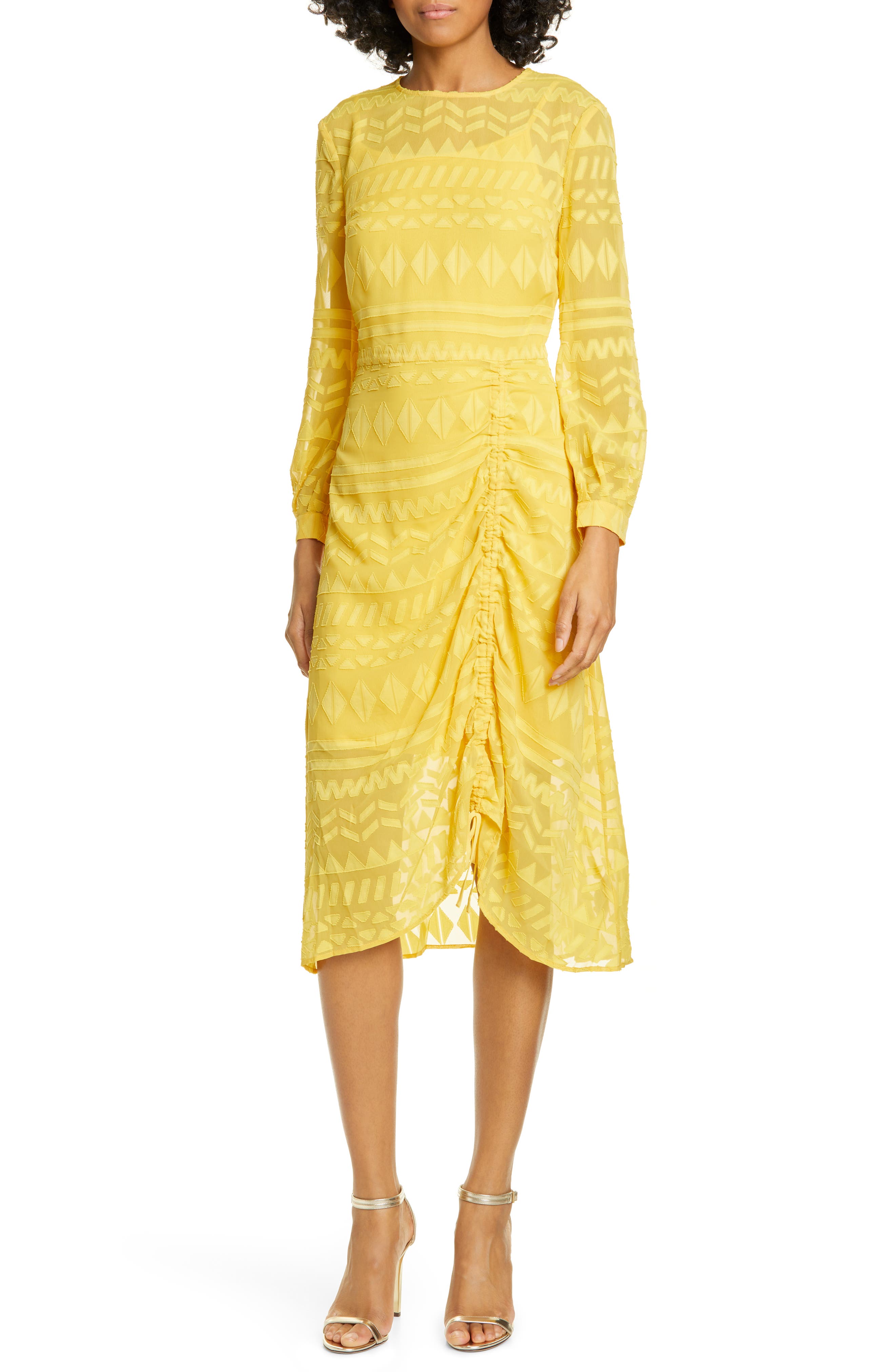 Ted Baker London Safa Long Sleeve Ruched Burnout Lace Dress, Yellow