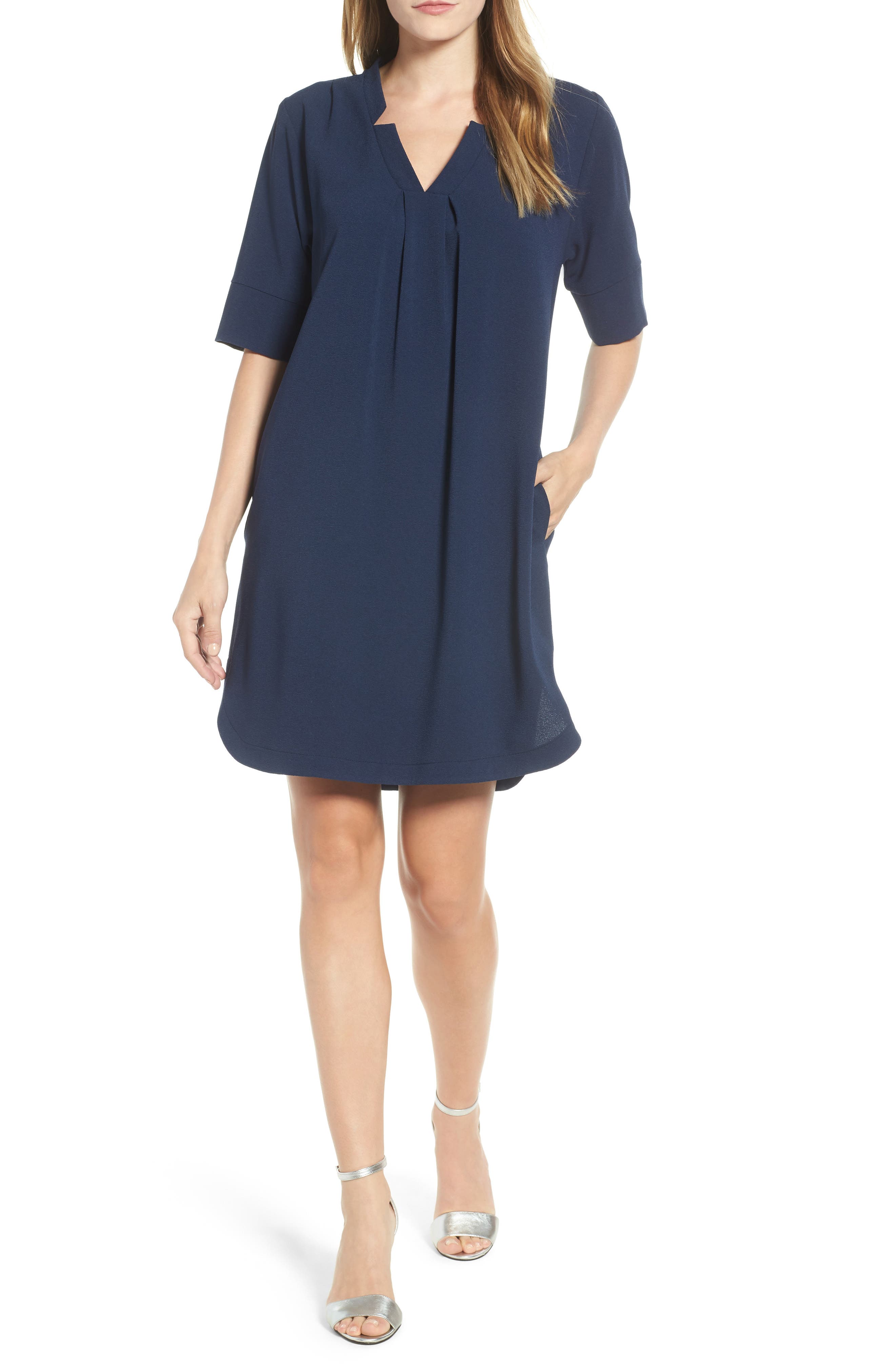 Petite Bobeau Pleat Front Curved Hem Shirtdress, Blue
