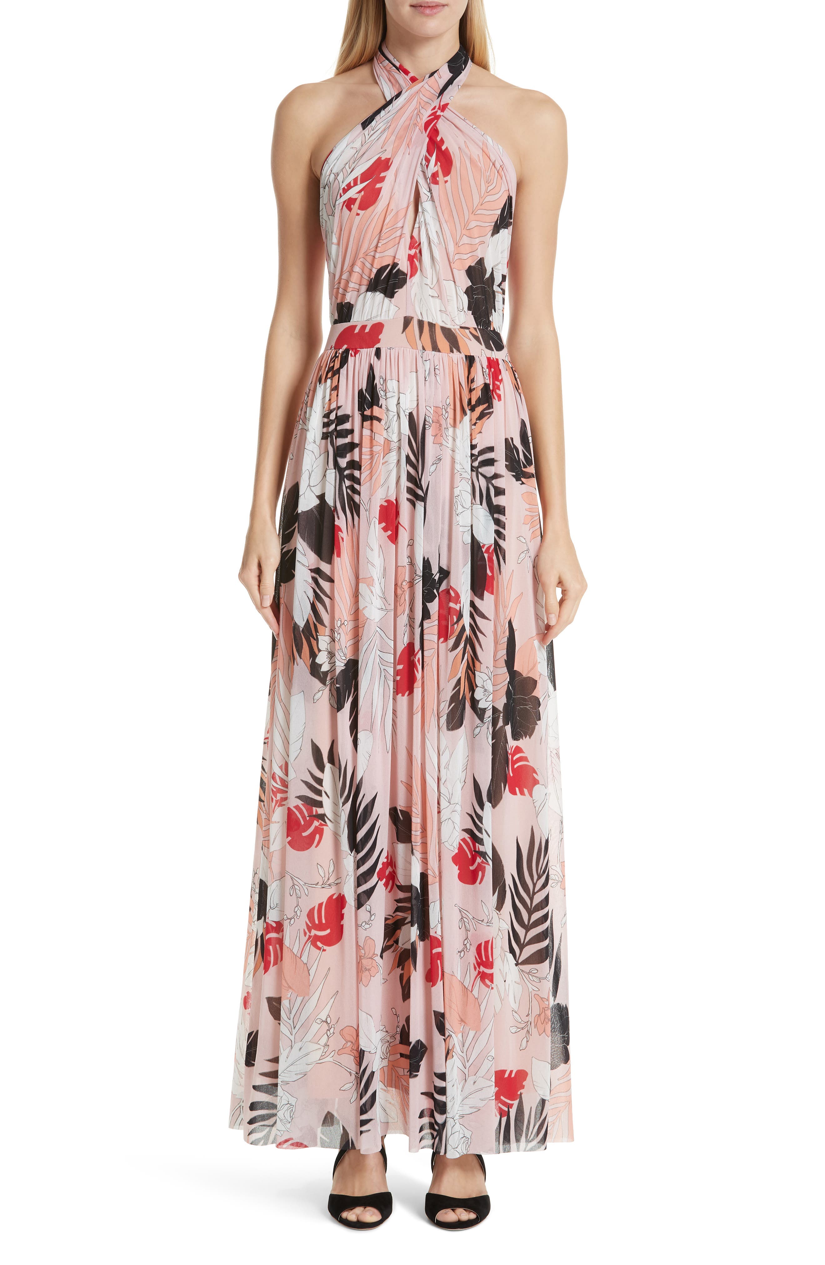 Fuzzi Floral Tulle Cross Halter Maxi Dress, Pink